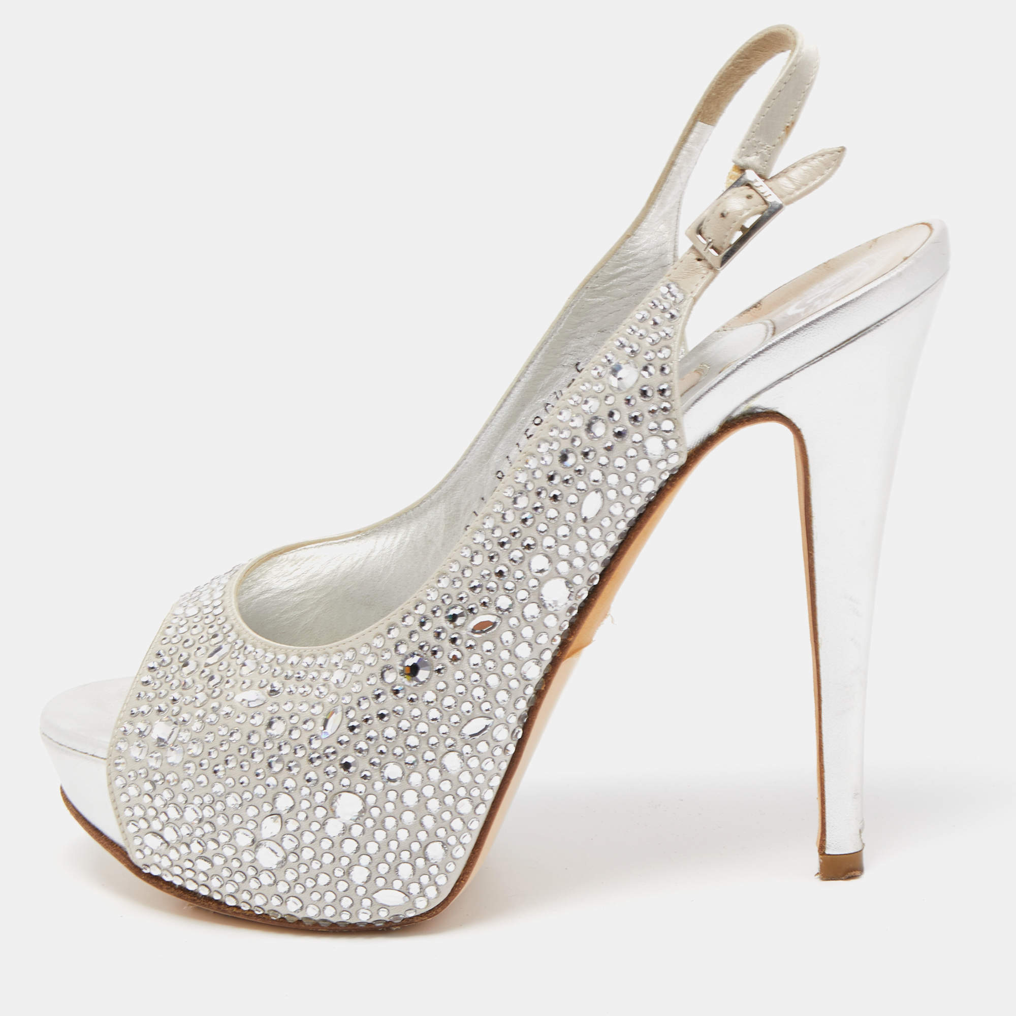 Pre Owned Gina Silver Crystal Embellished Satin Open Toe Slingback Sandals Size 38