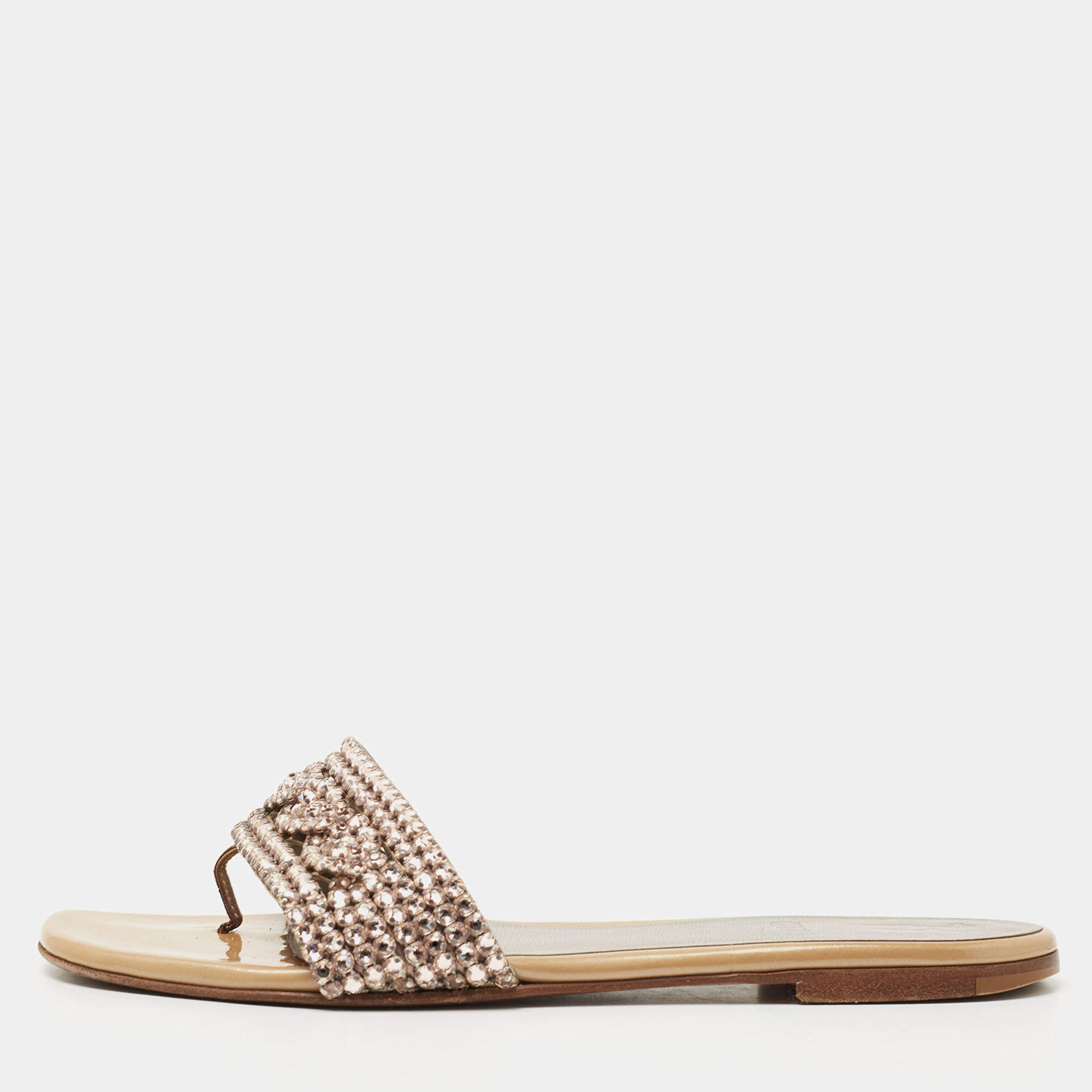 Pre Owned Gina Beige Leather and Crystal Embellished Thong Flats Size 37.5