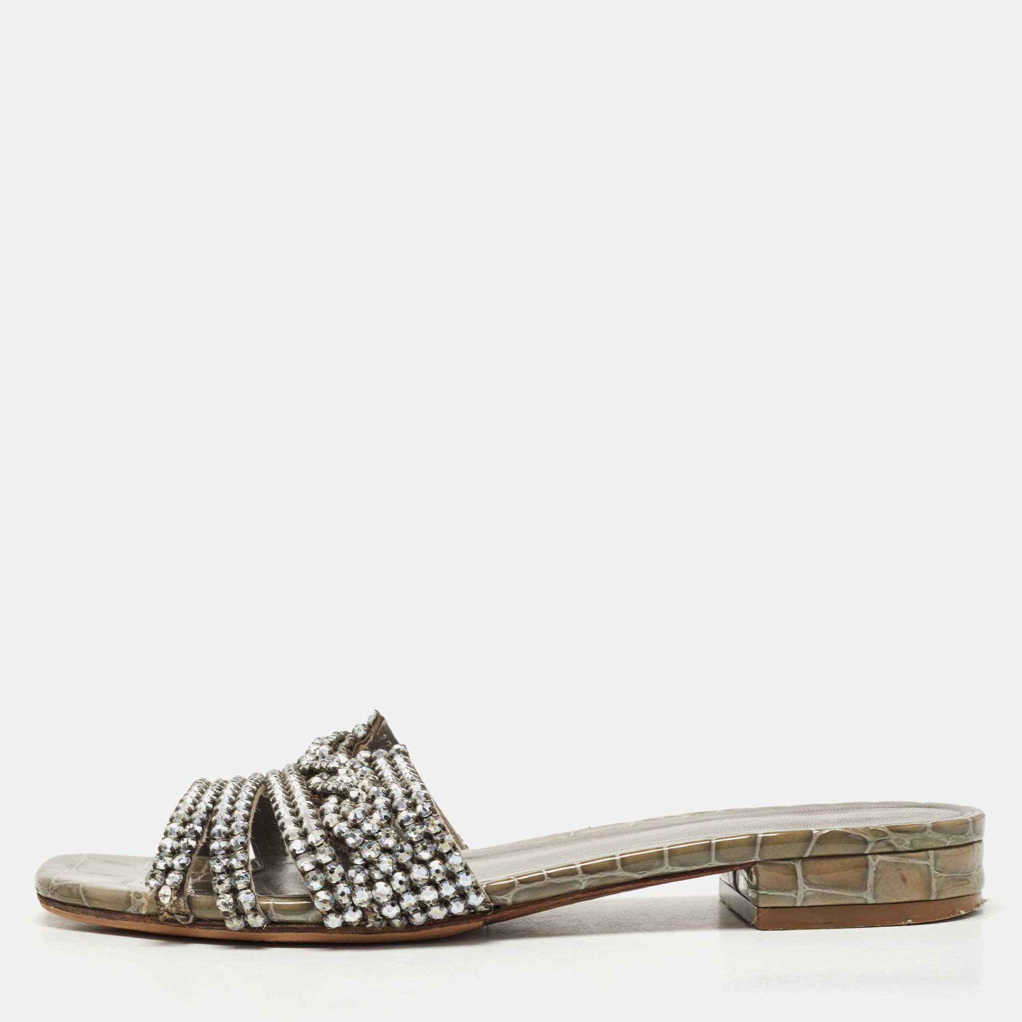 Gina Grey Croc Embossed Patent Leather Slide Flats Size 38.5  