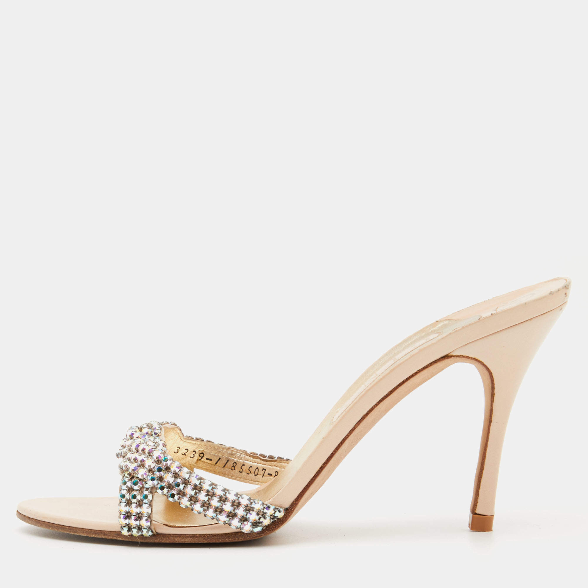 Pre Owned Gina Beige Leather Crystal Embellished Slide Sandals Size 41