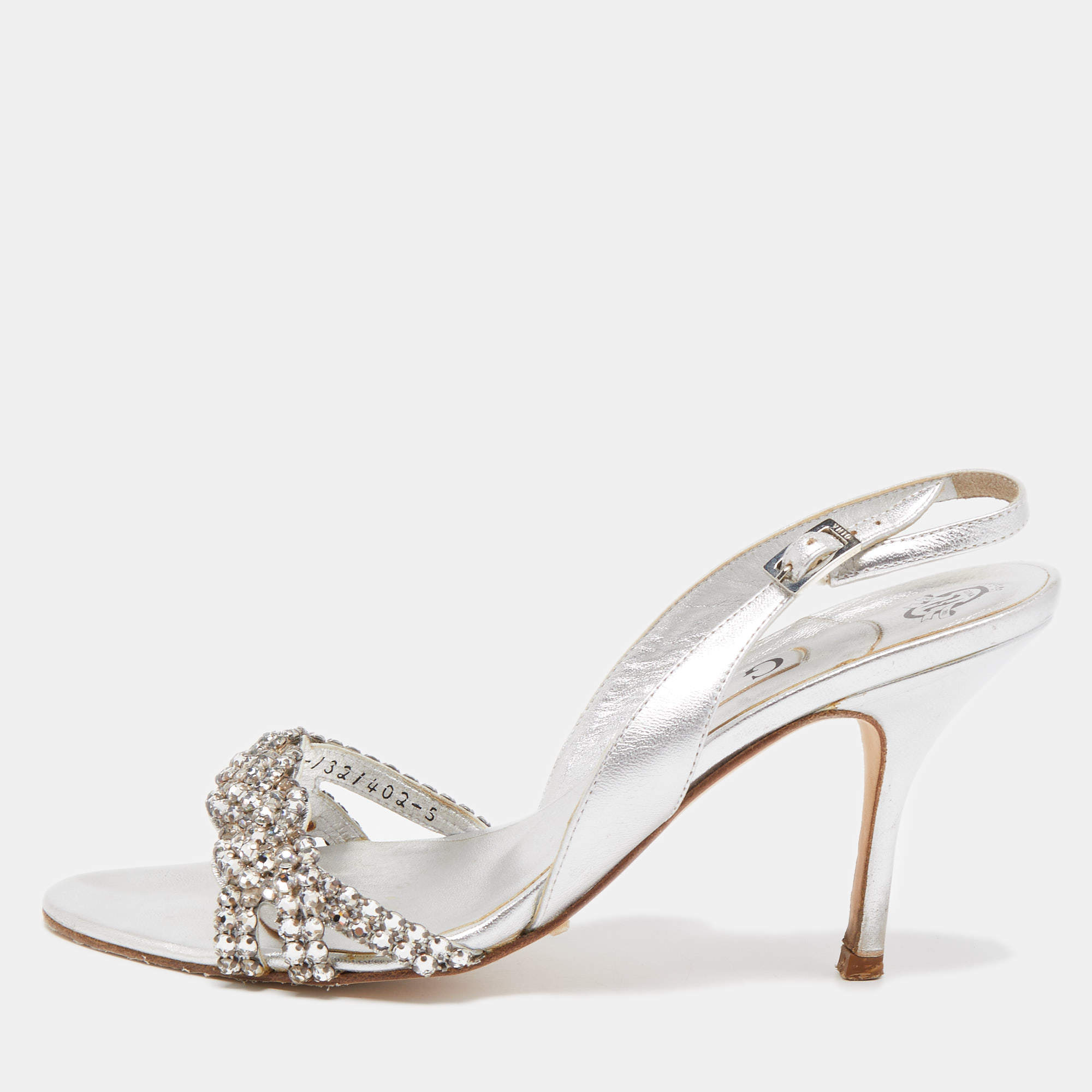 Gina Silver Leather Crystal Embellished Slingback  Sandals Size 38