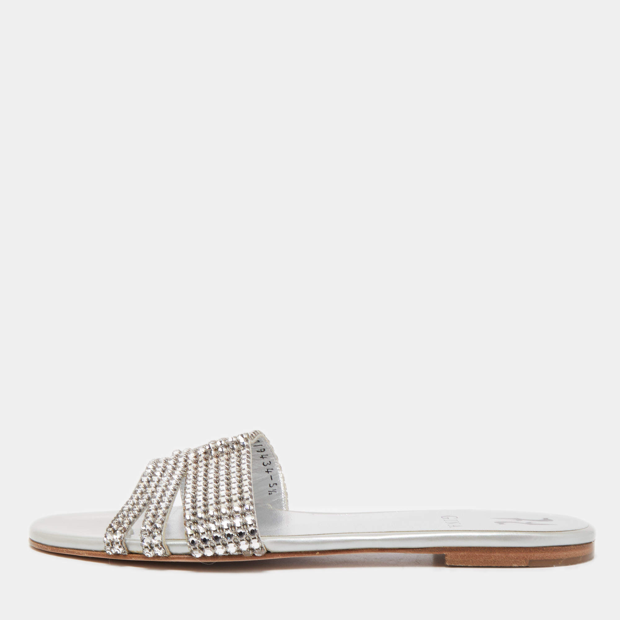 Gina Silver Crystal Embellished Leather Flat Slides Size 38.5