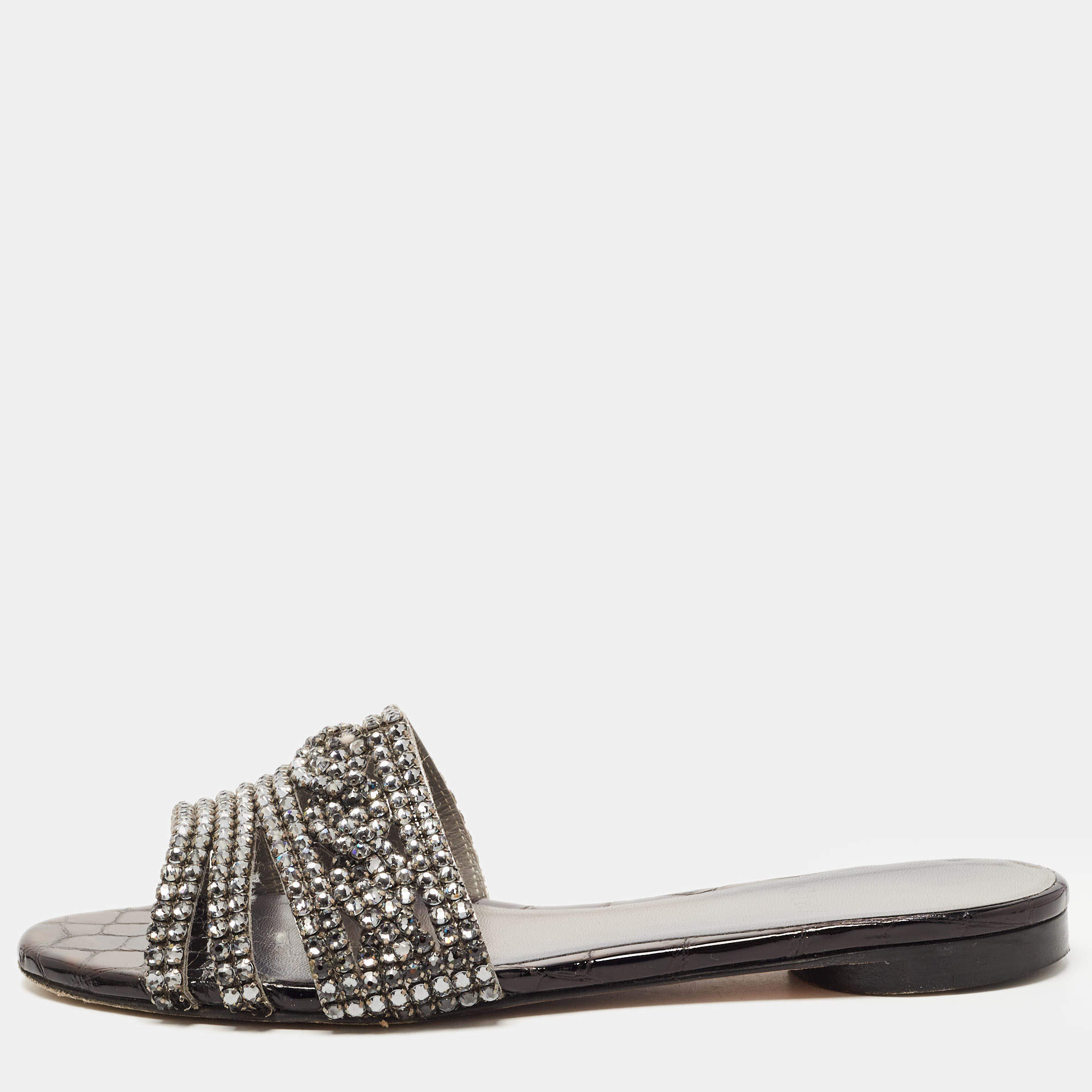 Pre Owned Gina Black Croc Embossed and Crystal Embellished Slide Sandals Size 37.5