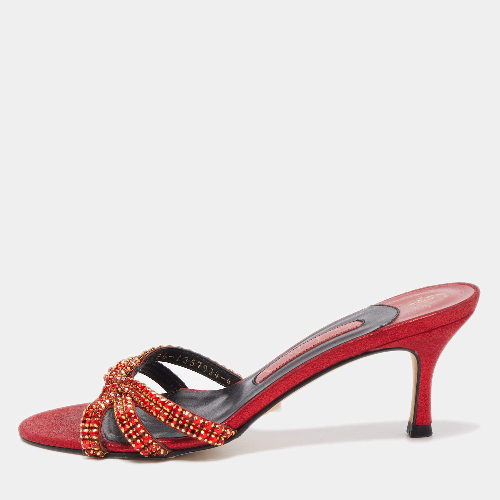 Gina Red Leather Embellished Knotted Open Toe Slides Size 37