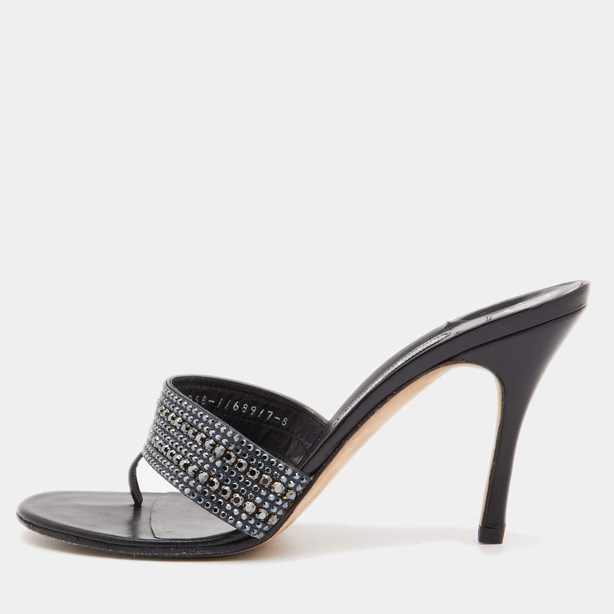 Gina Black Leather Crystal Embellished Sandals Size 41