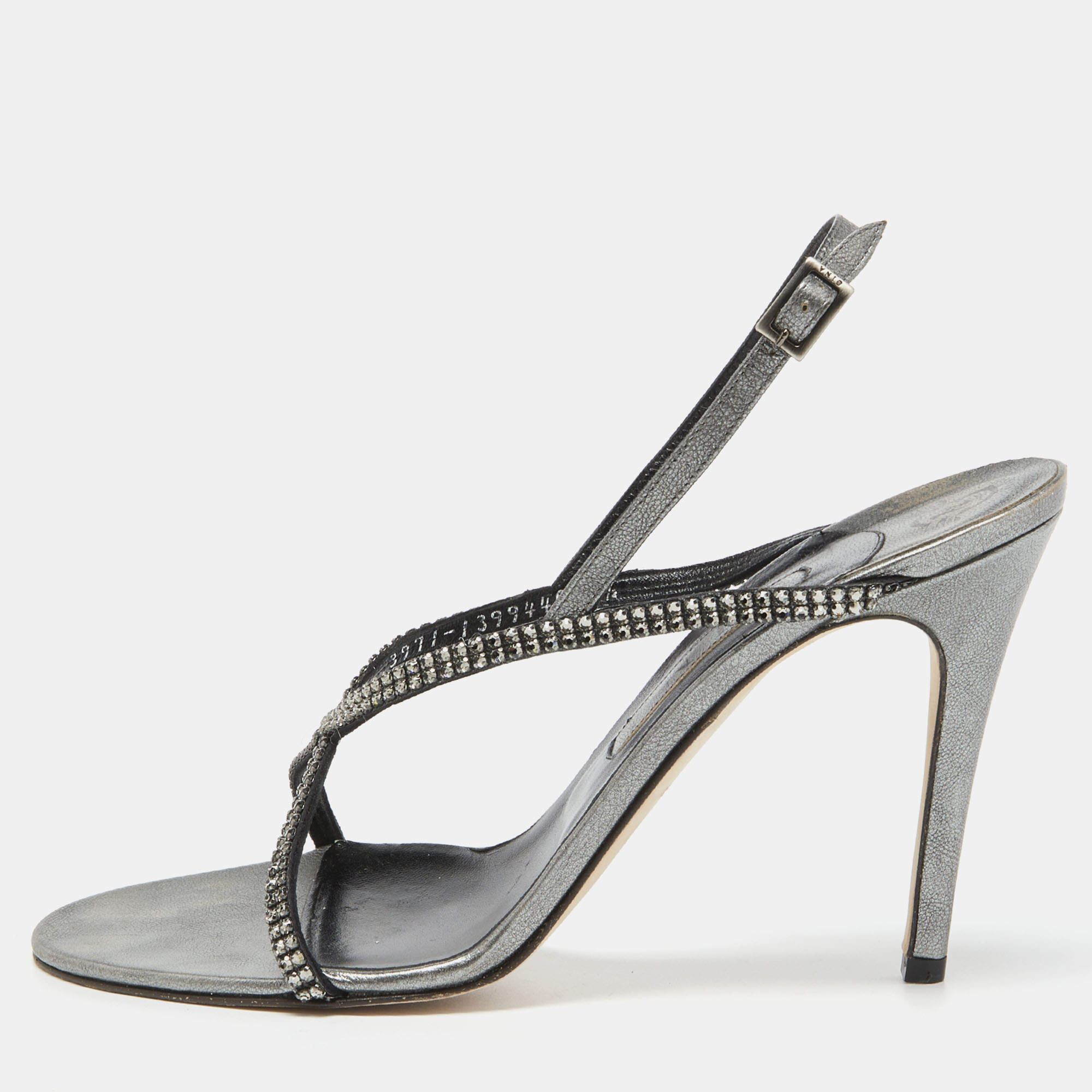Gina Metallic Grey Leather Crystal Embellished Slingback Sandals Size 39.5