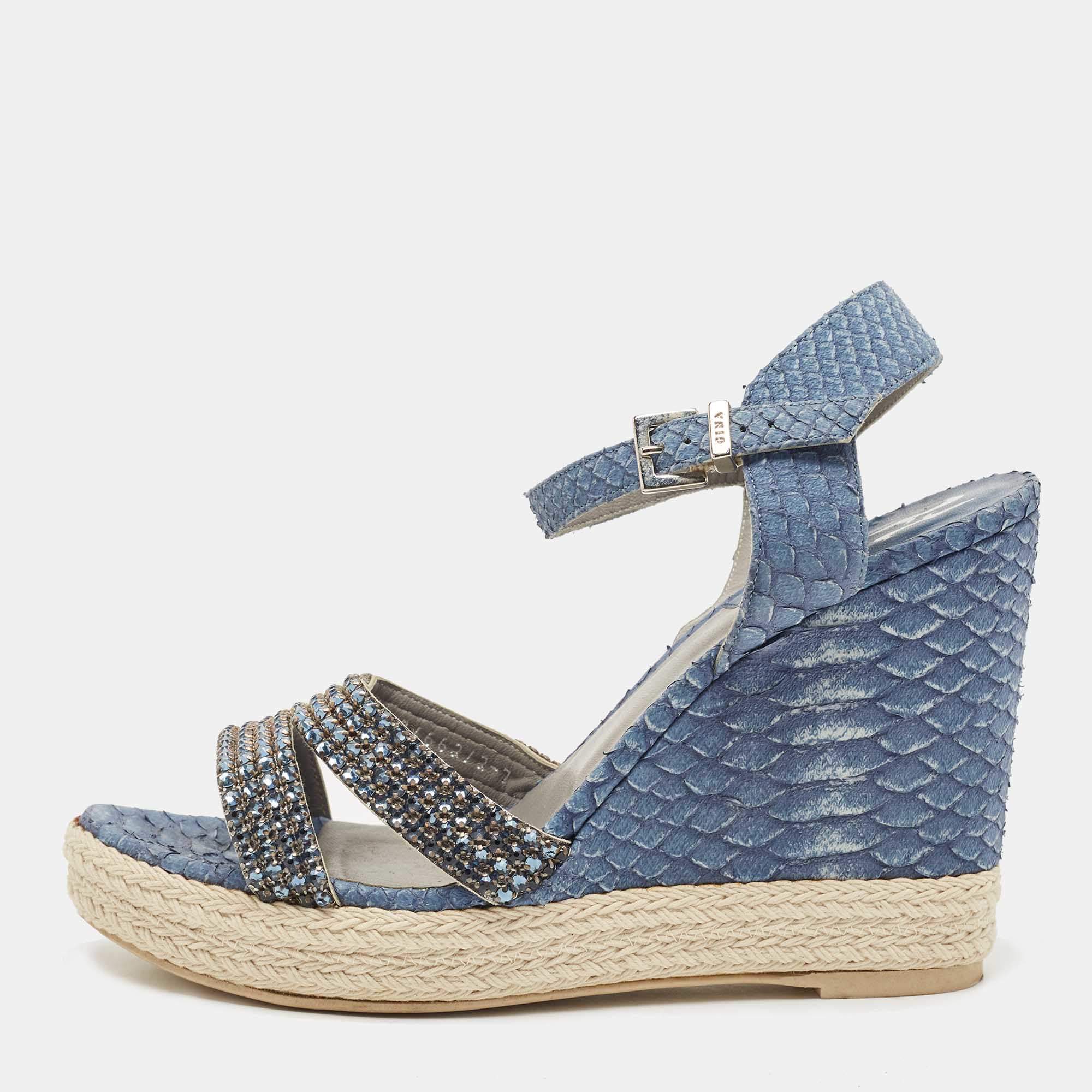 Pre Owned Gina Blue Python and Crystal Embellished Leather Wedge Platform Ankle Strap Sandals Size 40