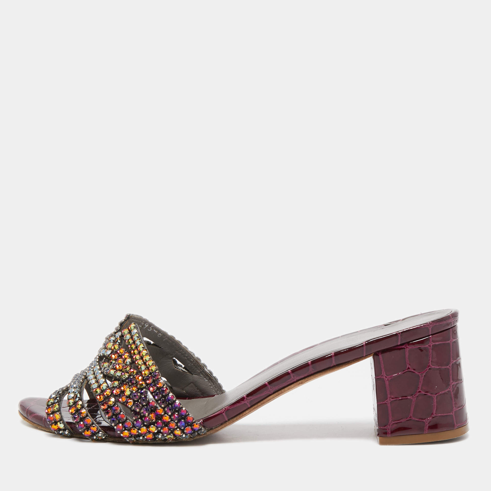 Pre Owned Gina Purple Croc Embossed Leather Crystal Embellished Loren Slide Sandals Size 40.5