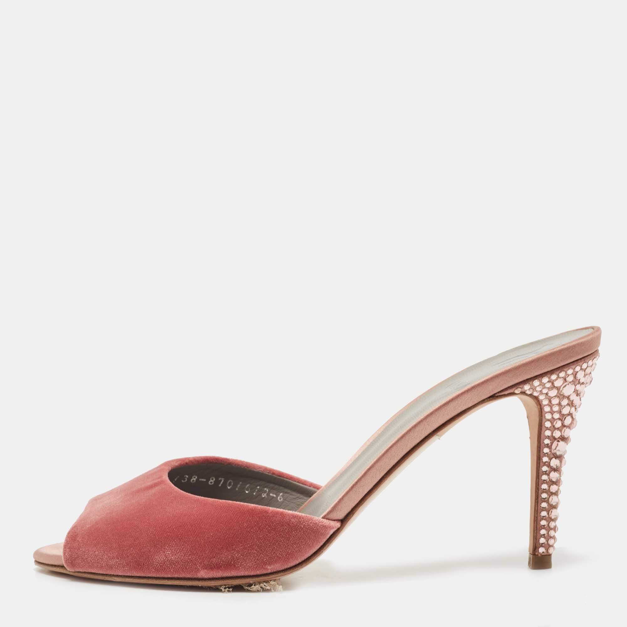 مملوكة مسبقًا Gina Pink Velvet Crystal Embellished Heel Slide Sandals Size 39