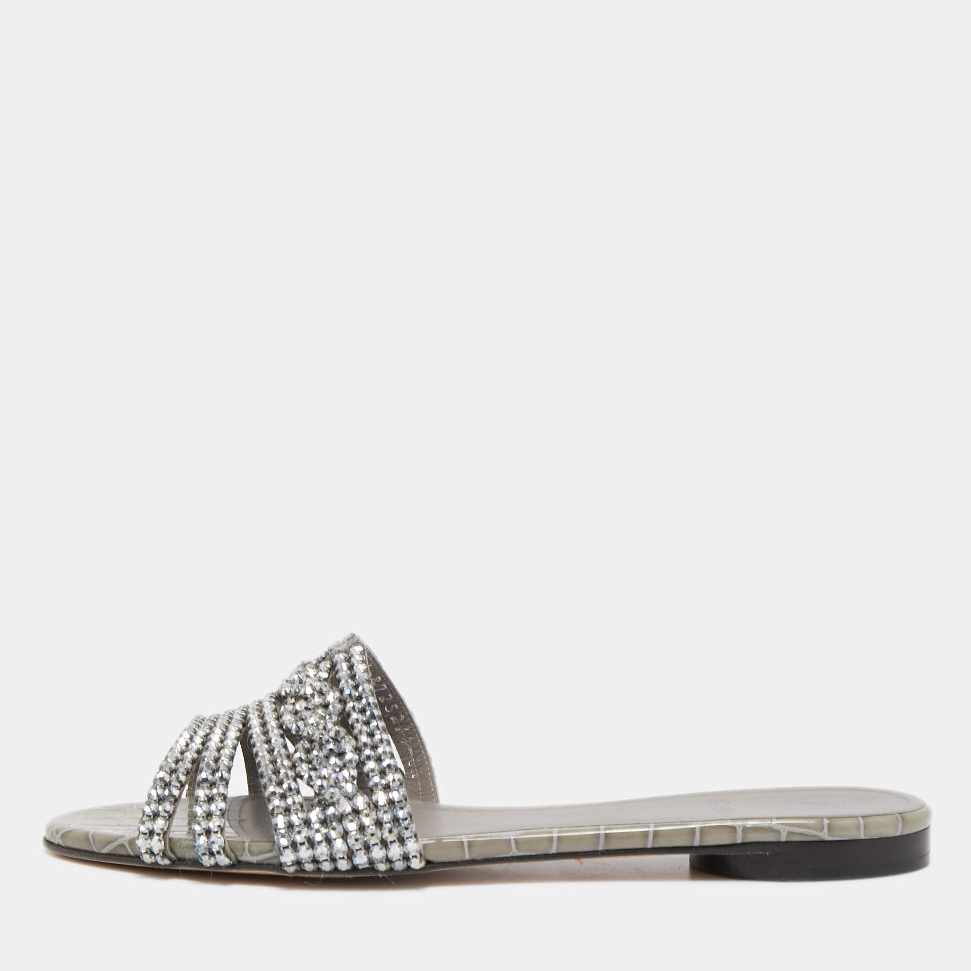 Gina Grey Crystal Embellished Leather Flat Slides Size 39.5