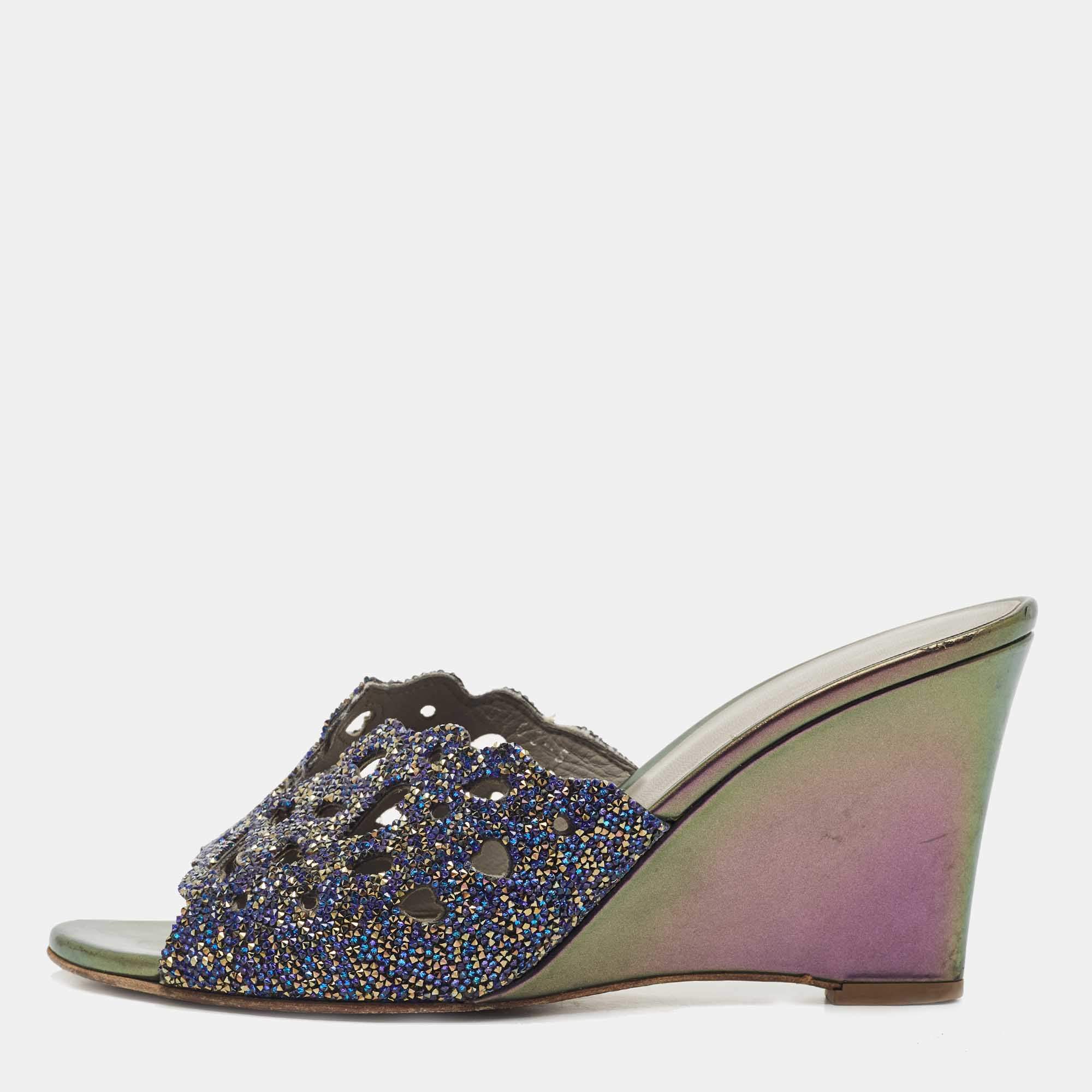 Pre Owned Gina Blue Crystal Cut Out Wedge Slide Sandals Size 38