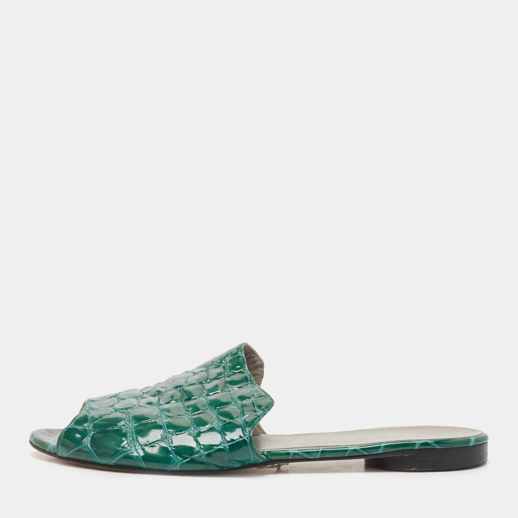 Pre Owned Gina Green Croc Embossed Patent Leather Flat Slides Size 40