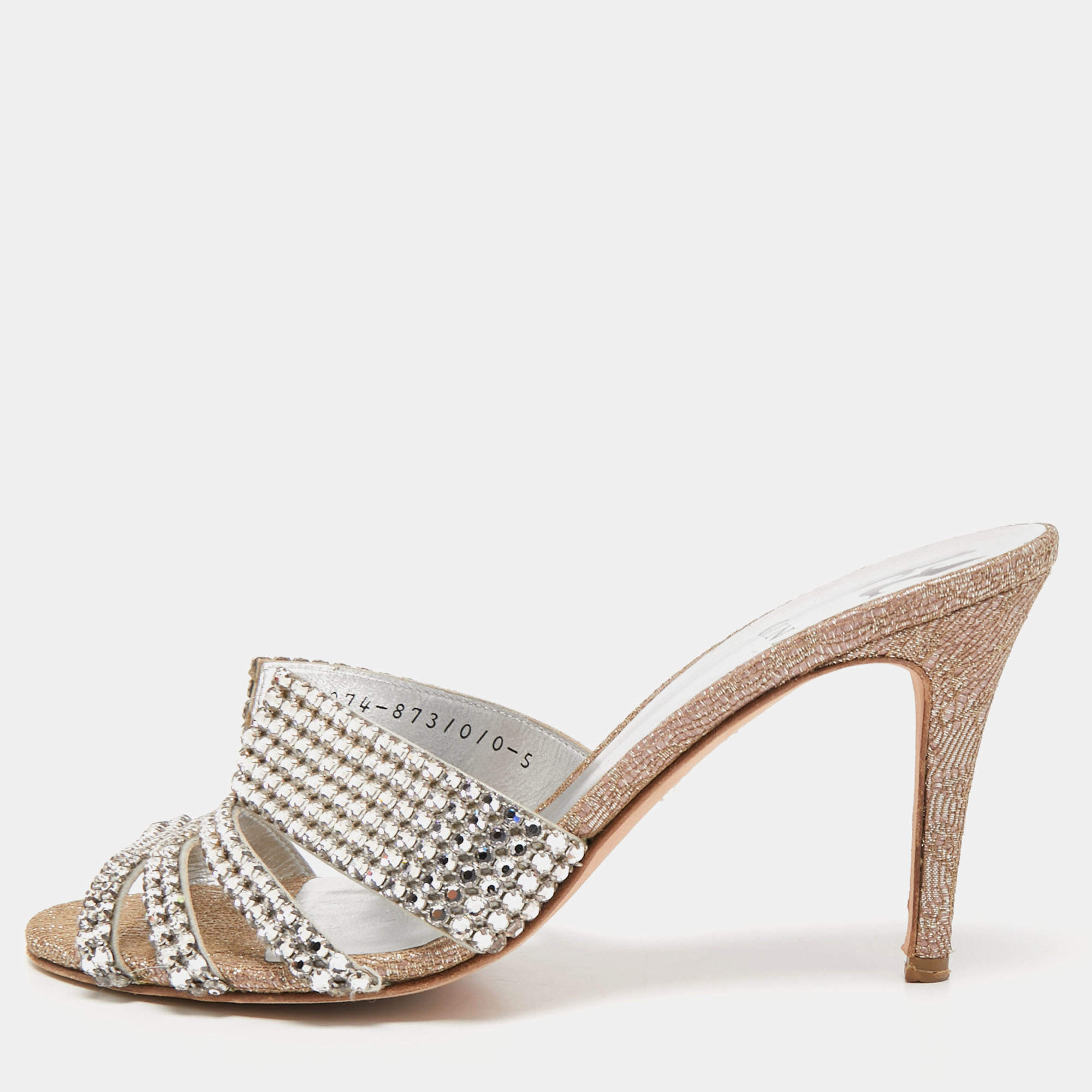 Pre Owned Gina Silver Glitter Fabric and Crystal Embellished Slide Sandals Size 38