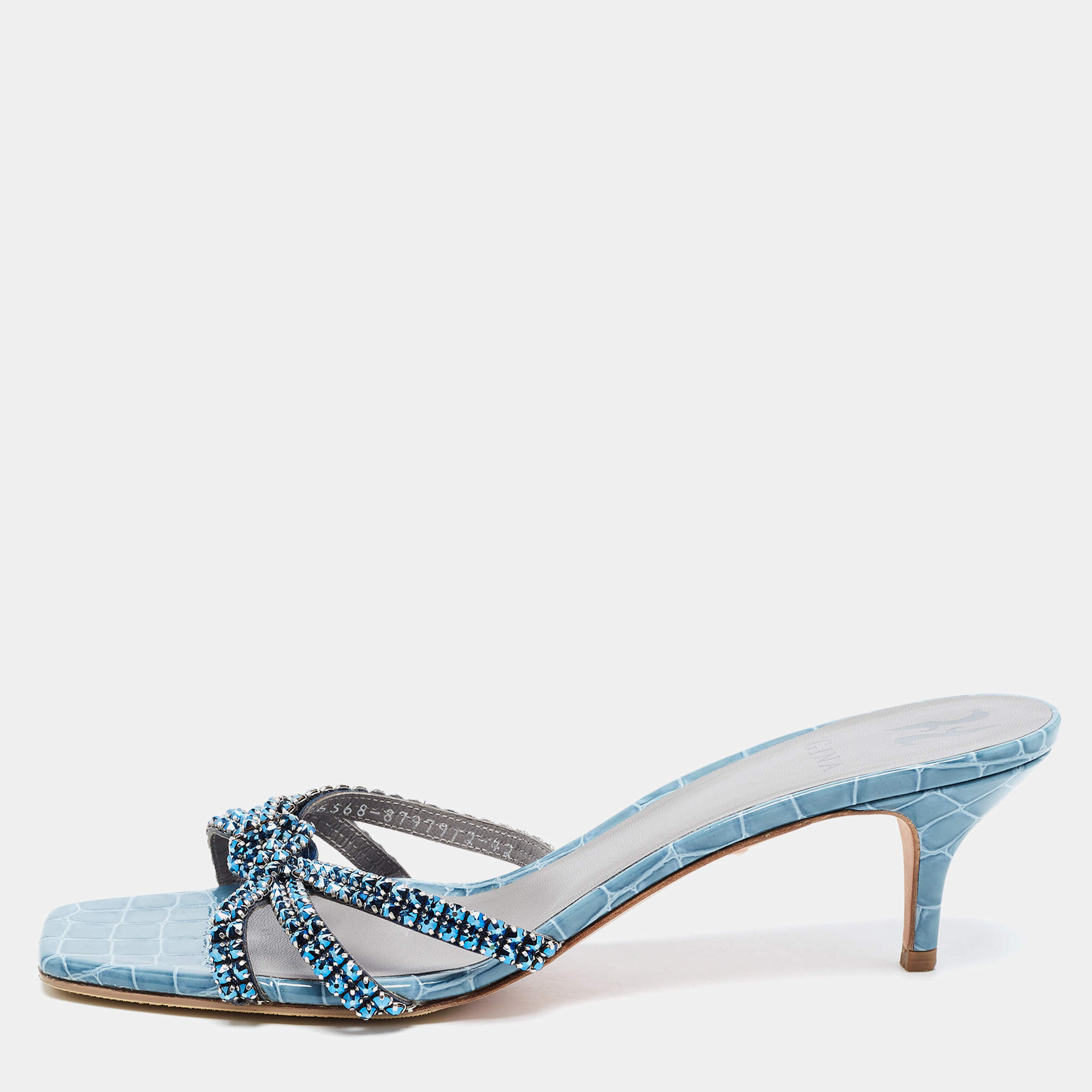Gina Blue Crystal Embellished Leather Slide Sandals Size 42