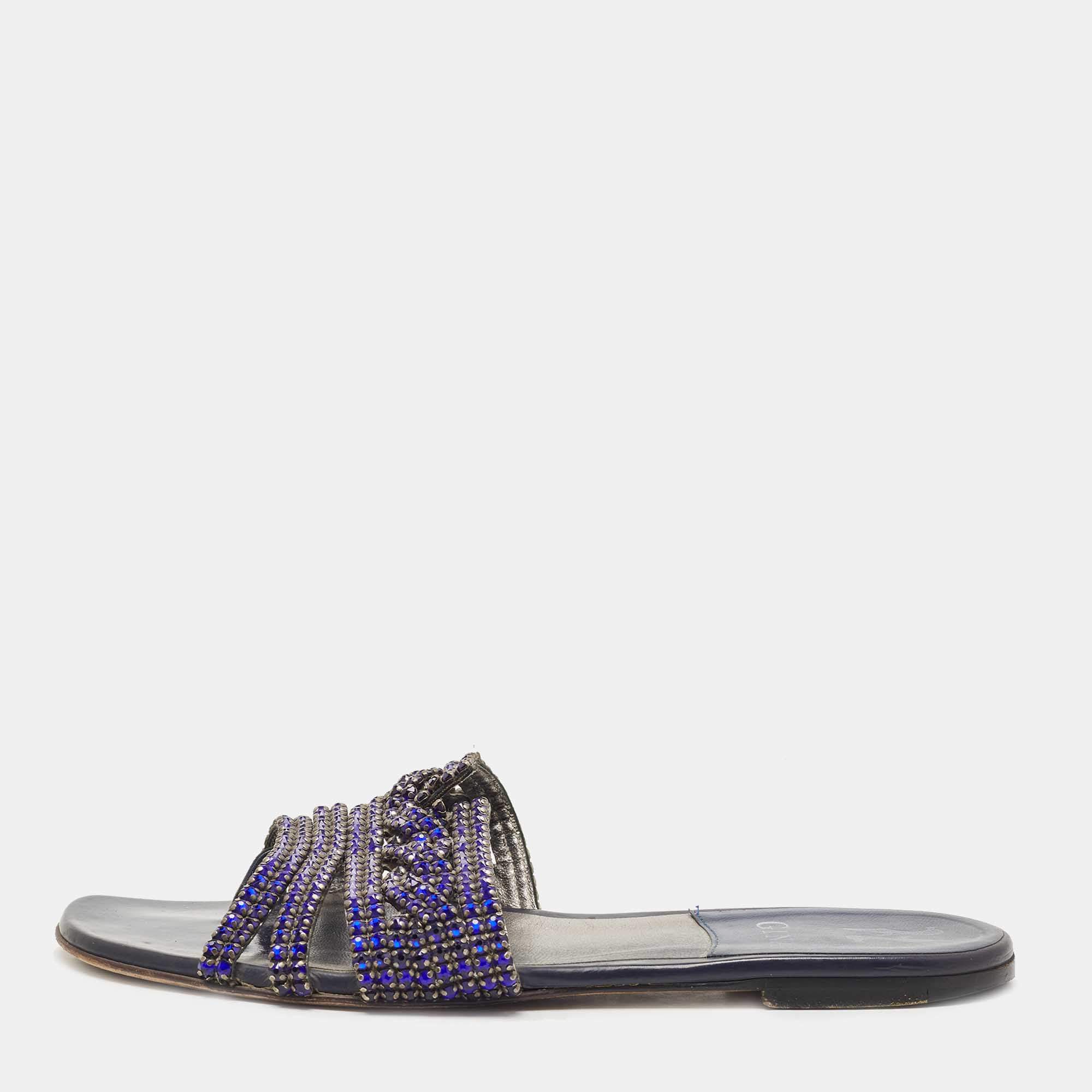 Pre Owned Gina Blue Crystal Embellished Leather Flat Slides Size 38.5