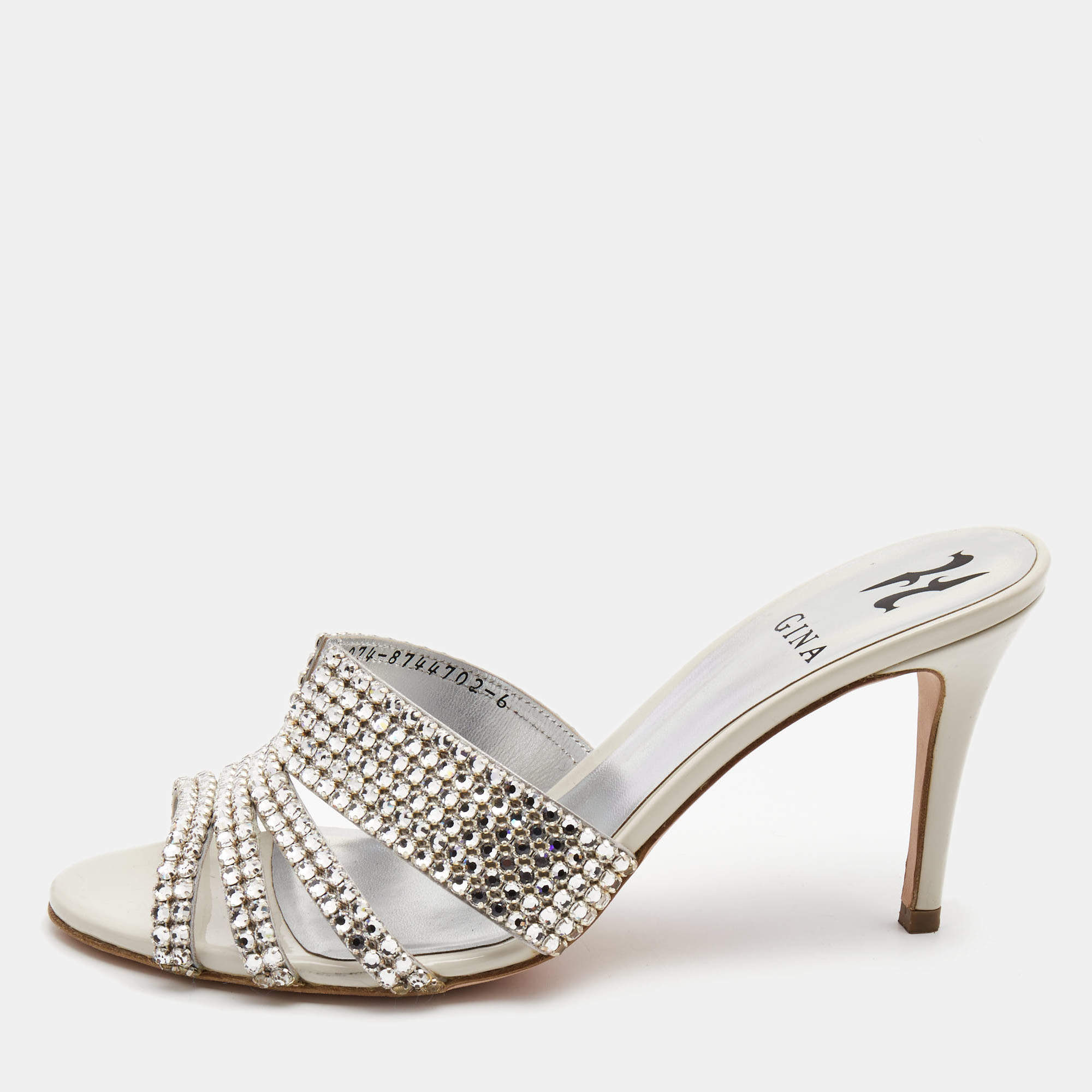 Gina Silver Crystal Embellished Leather Slide Sandals Size 39