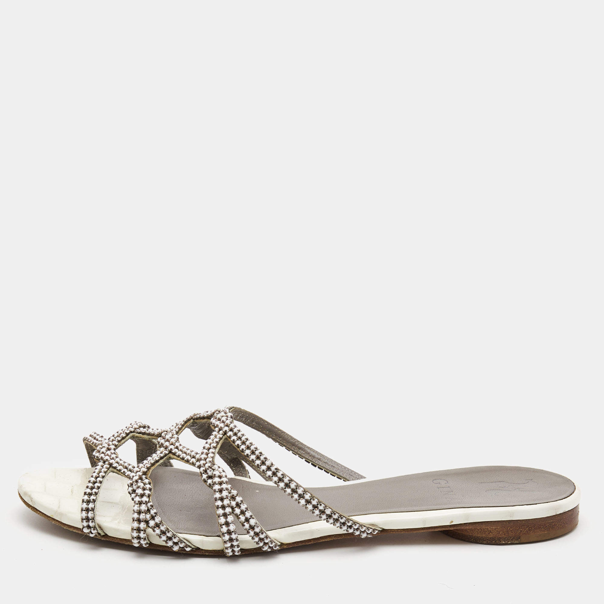 Gina White Crystal Embellished Leather Flat Slides Size 38.5