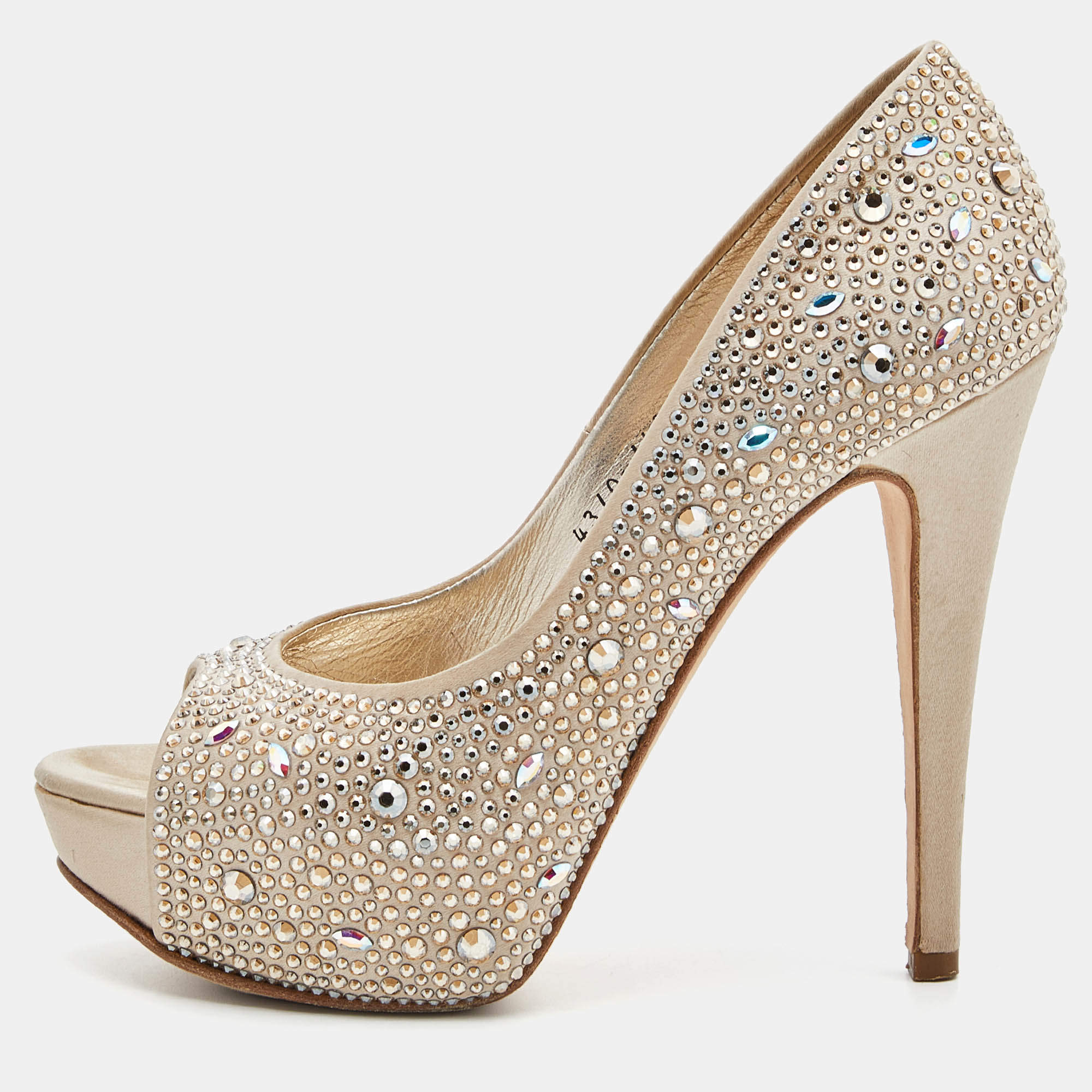 Gina Beige Satin Crystal Embellished Peep Toe Platform Pumps Size 37