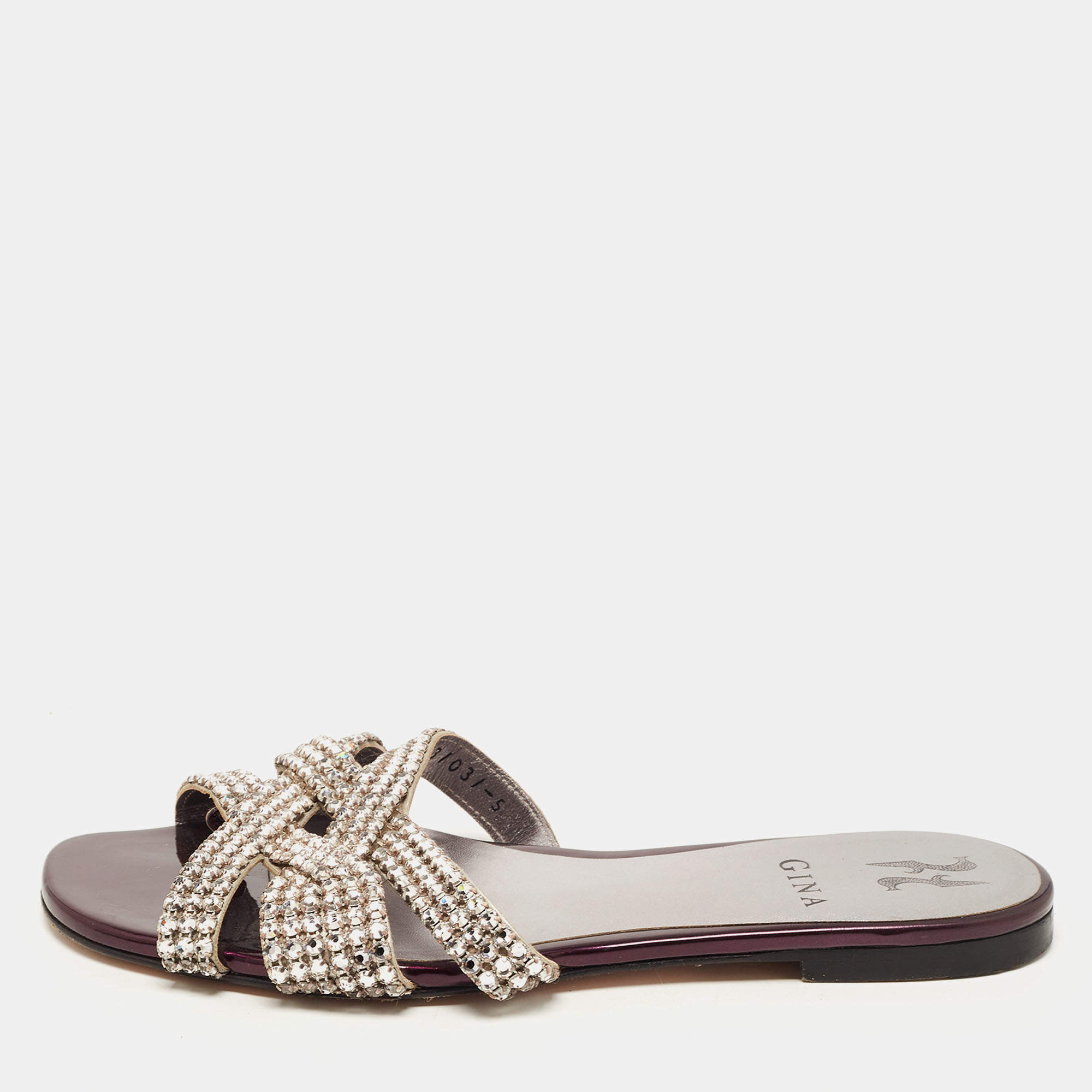 مملوكة مسبقًا Gina Silver/Purple Crystal Embellished Leather Flat Slides Size 38