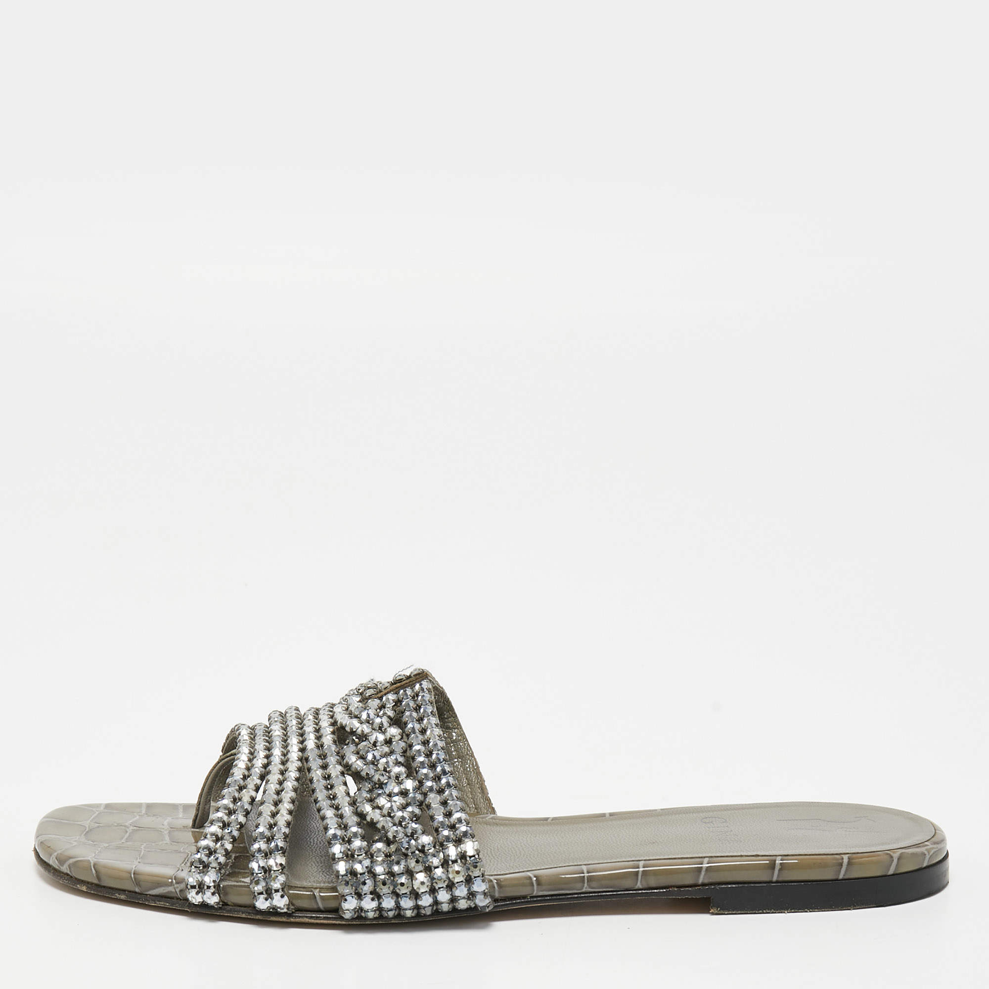Pre Owned Gina Green Croc Embossed Leather Crystal Embellished Flat Slides Size 39