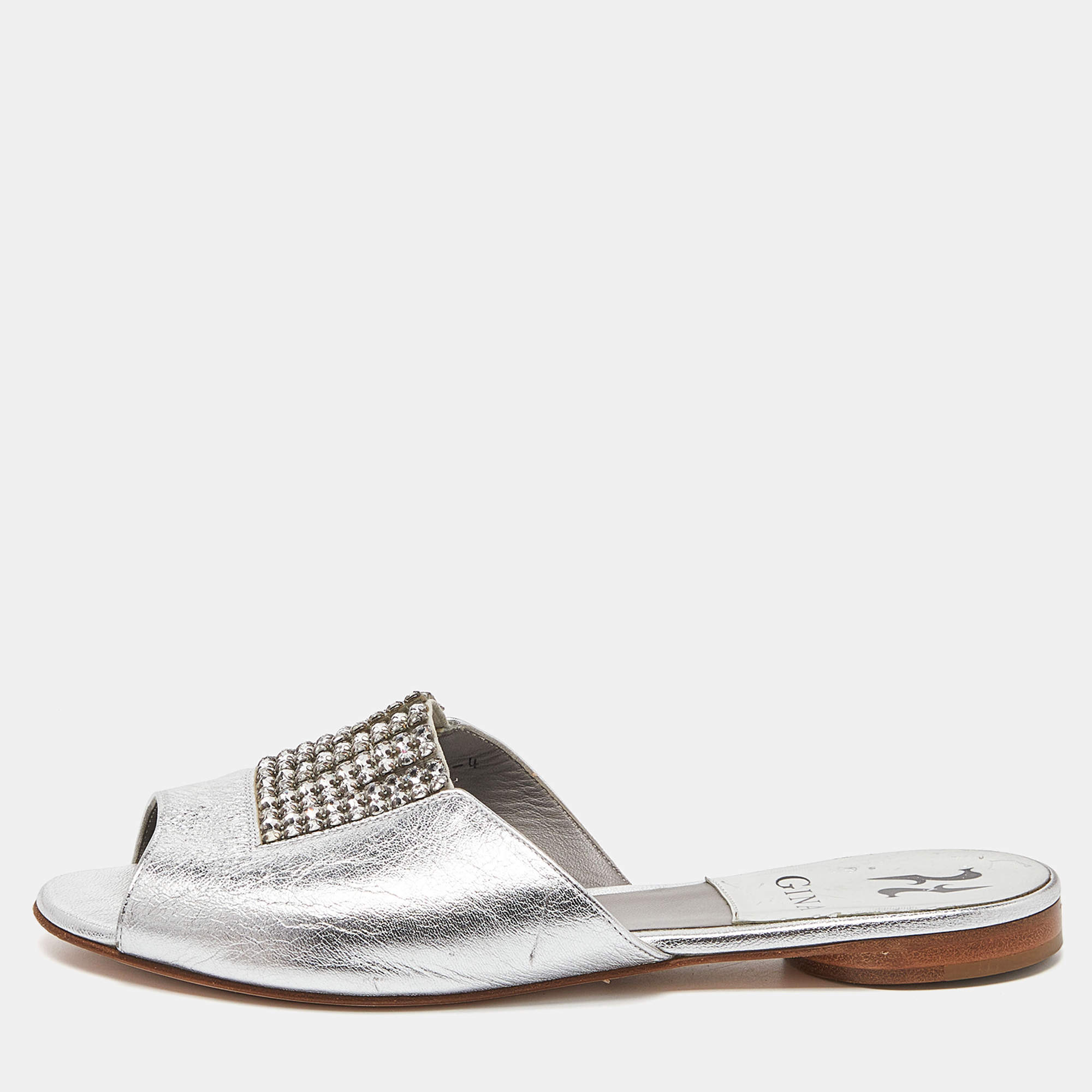 Gina Silver Leather Crystal Embellished Flat Slides Size 37