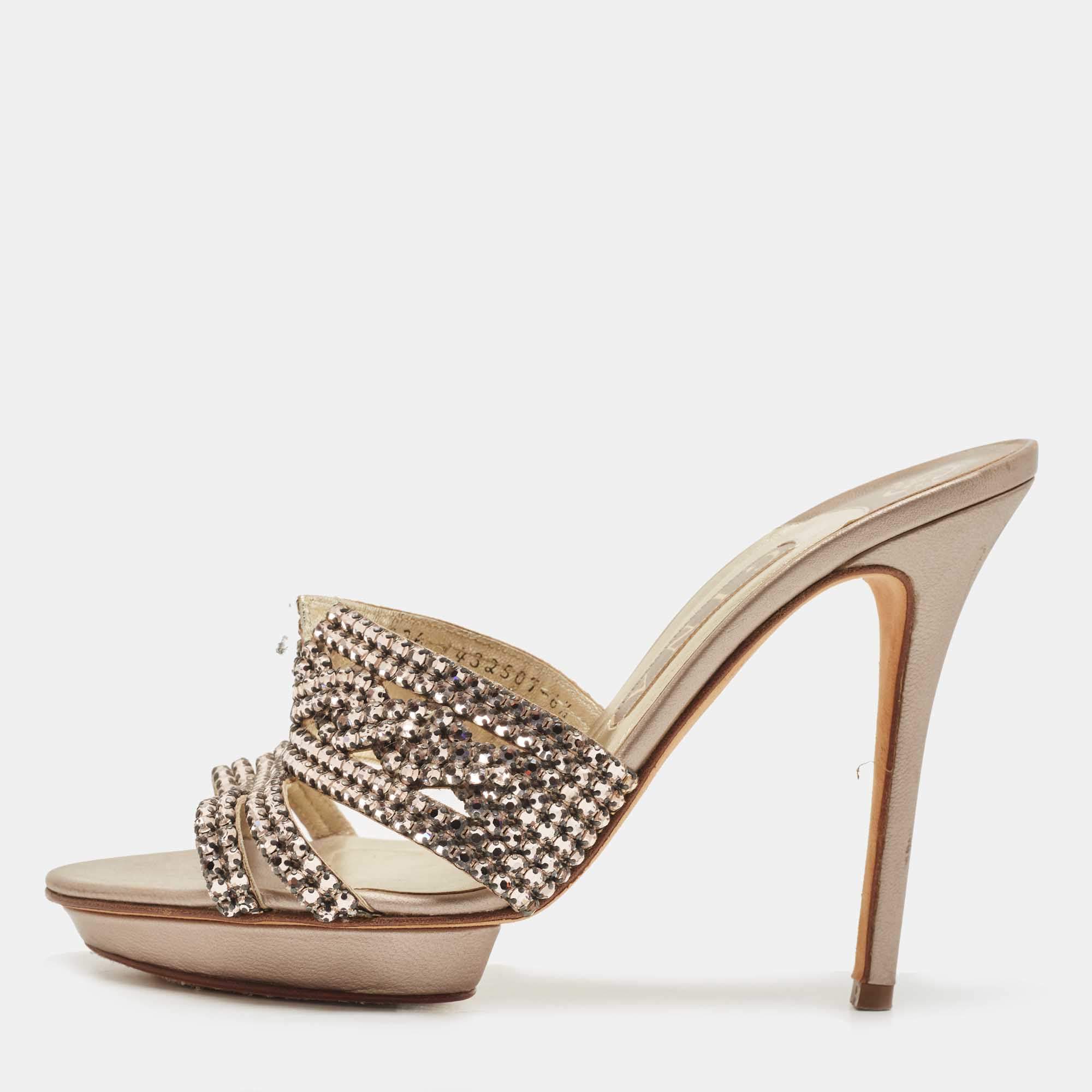 Gina  metallic Bronze Leather Crystal Embellished Sandals Size 39.5