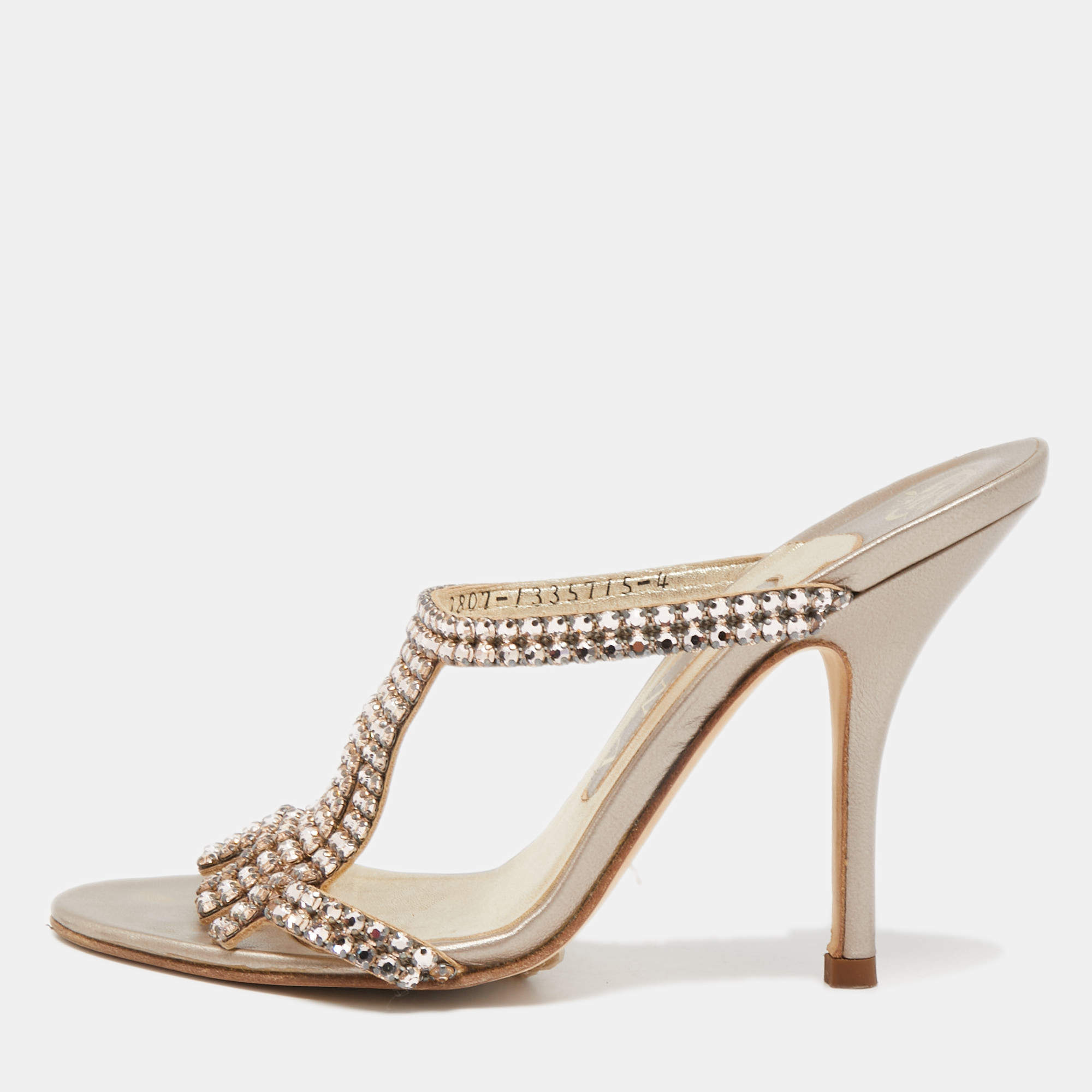 Pre Owned Gina Metallic Gold Leather Embellished Slides Size 37