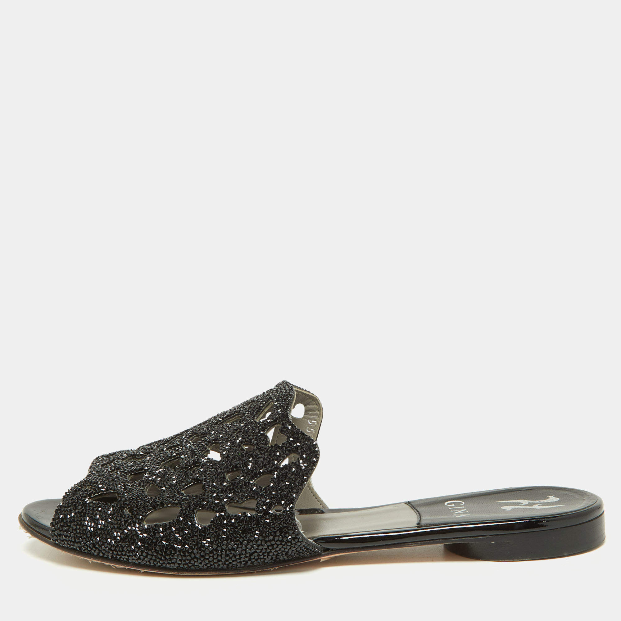 Pre Owned Gina Black Crystal Embellished Leather Flat Slides Size 38.5