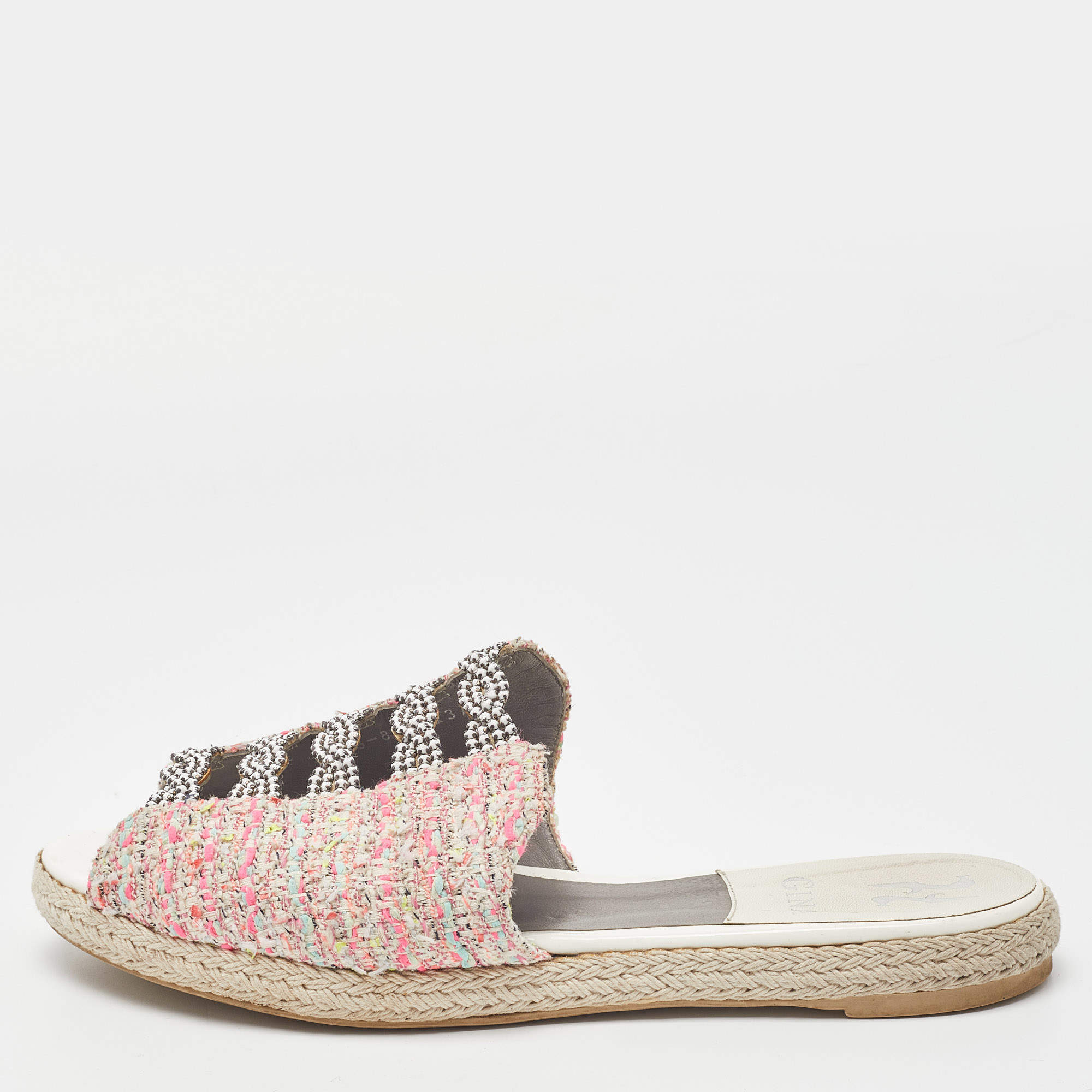 Pre Owned Gina Pink Tweed Crystal Embellished Espadrille Flat Slides Size 39