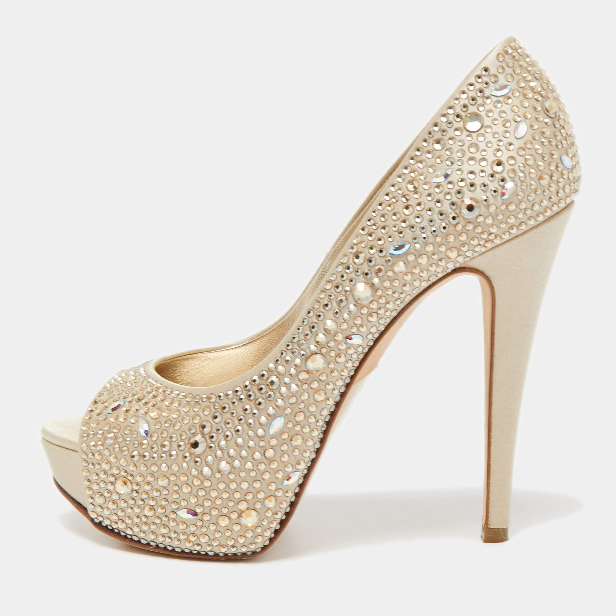 Pre Owned Gina Gold Crystal Embellished Satin Peep Toe Platform Pumps Size 37.5