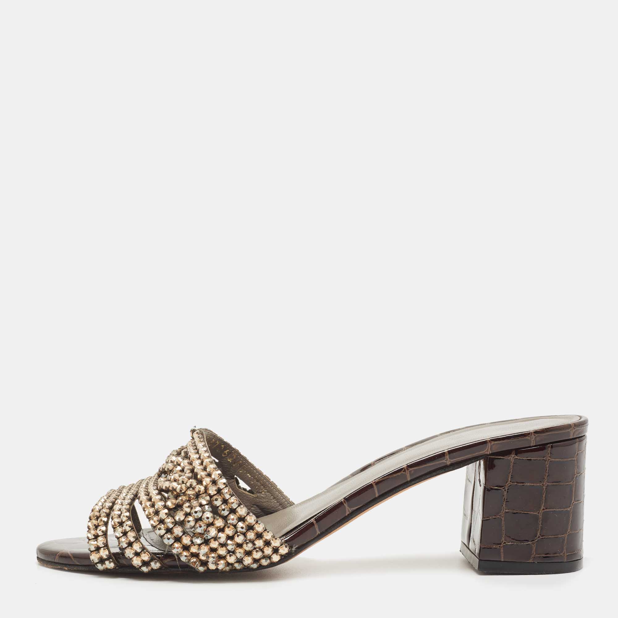 Pre Owned Gina Dark Brown Croc Embossed Patent Leather Crystal Embellished Slide Sandals Size 39.5