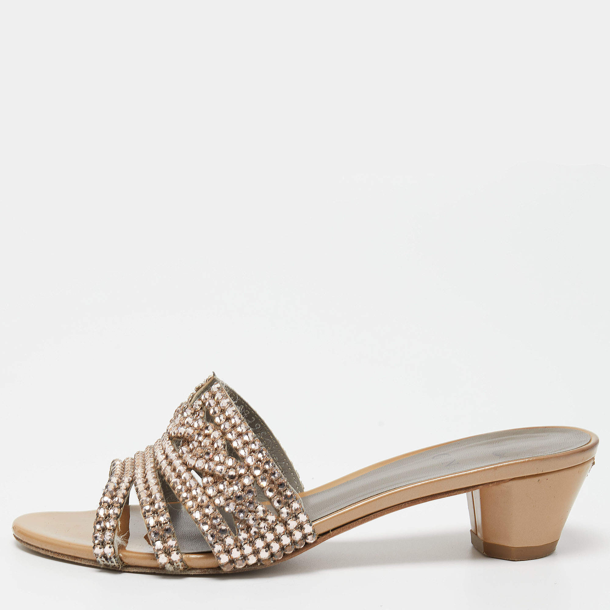 Pre Owned Gina Brown Leather and Crystal Embellished Slides Size 37.5