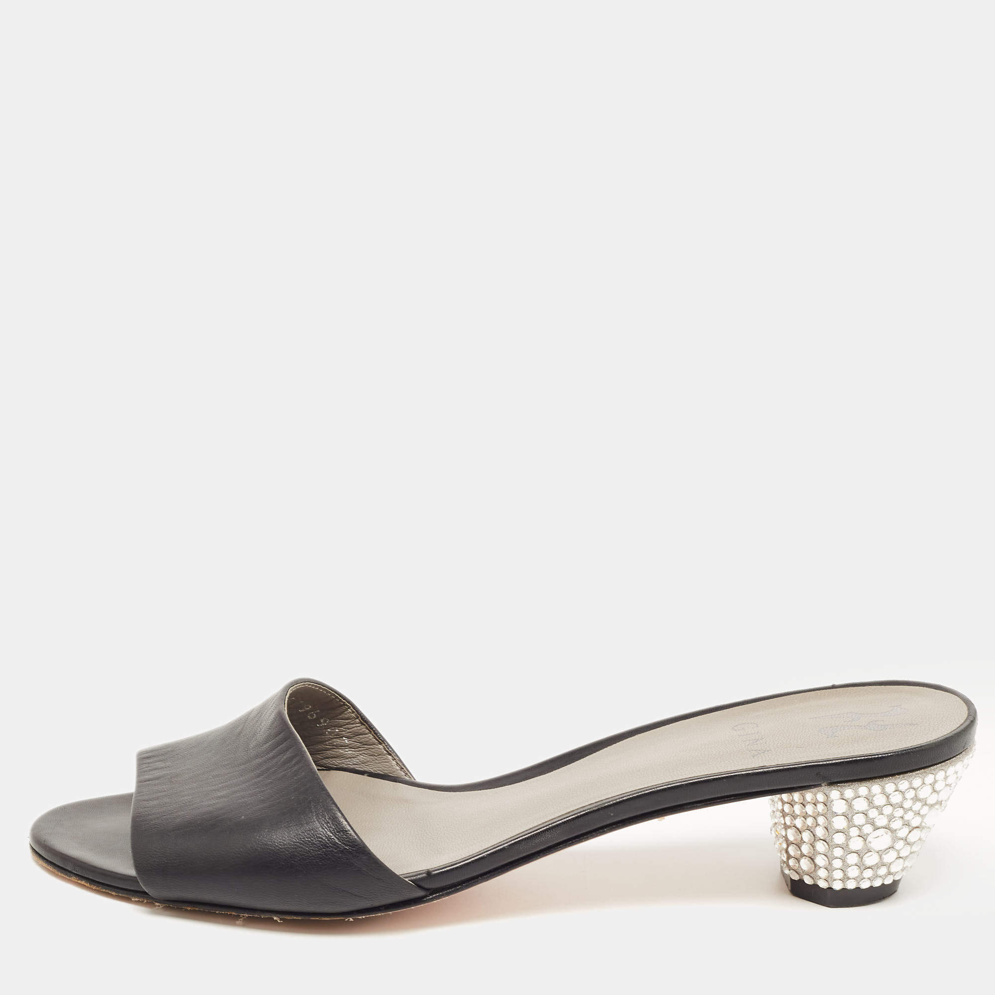 Gina Black Leather Crystal Embellished Heel Slides Size 40
