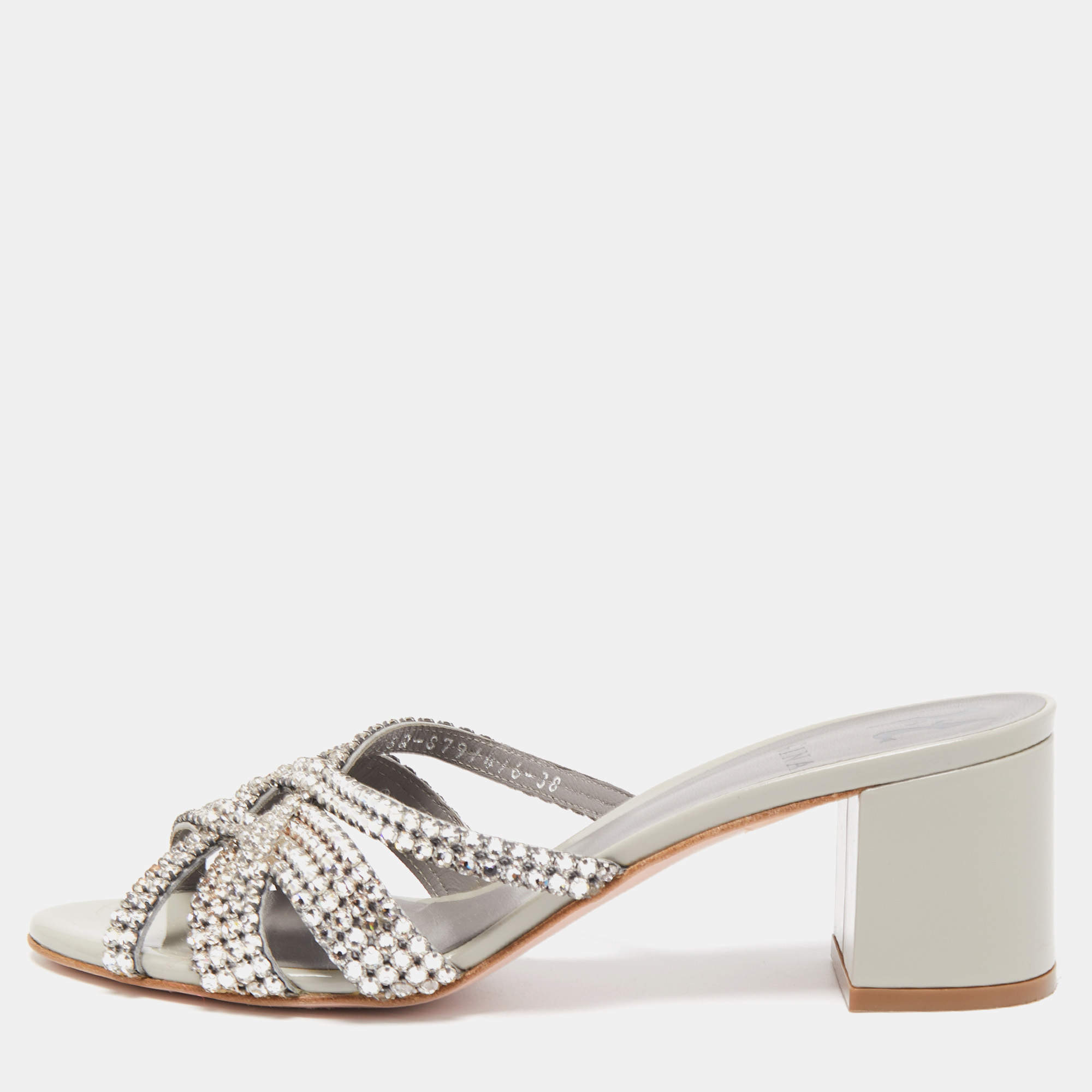 Pre Owned Gina Silver/Grey Leather Crystal Embellished Slide Sandals Size 38