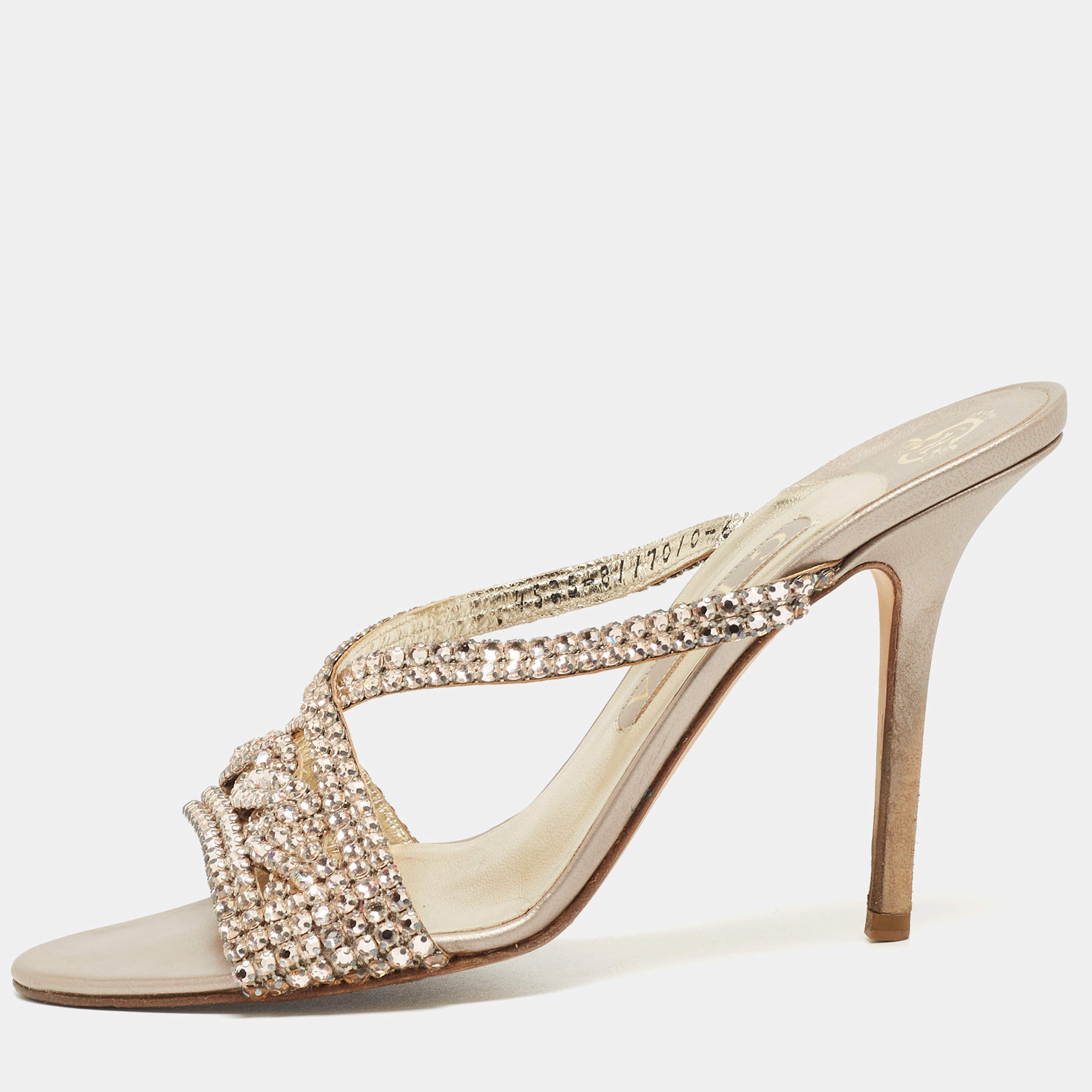 Pre Owned Gina Pink Crystal Embellished Leather Slide Sandals Size 38.5