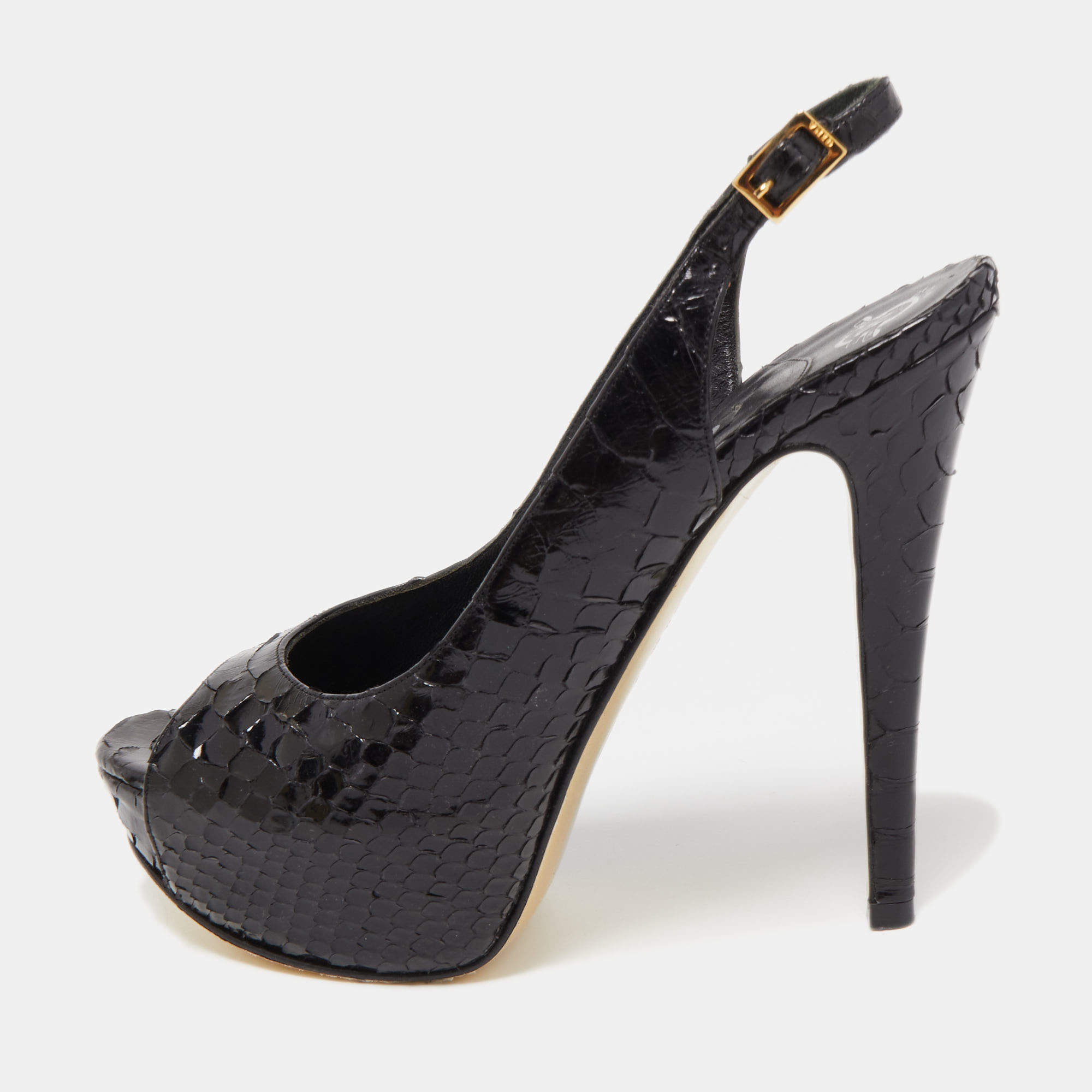 Pre Owned Gina Black Python Leather Slingback Pumps Size 37