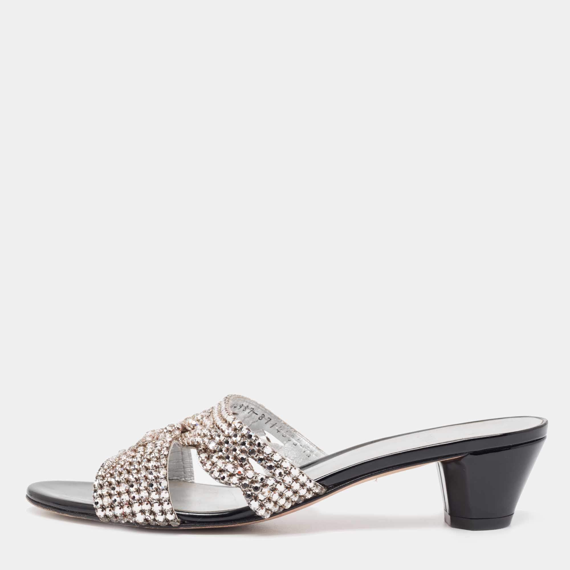 Pre Owned Gina Silver Leather Crystal Embellished Slide Sandals Size 40.5