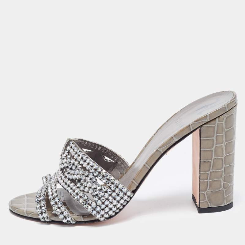 مملوكة مسبقًا Gina Green Crystal Embellished Croc Embossed Patent Leather Rodeo Block Heel Slide Sandals Size 39.5