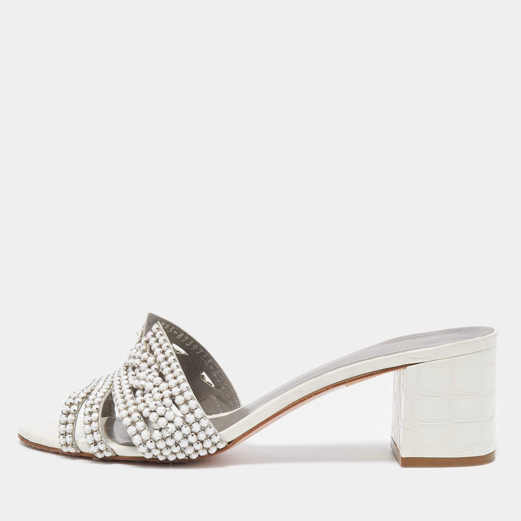 Gina White Crystal Embellished Leather Block Heel Slide Sandals Size 40.5