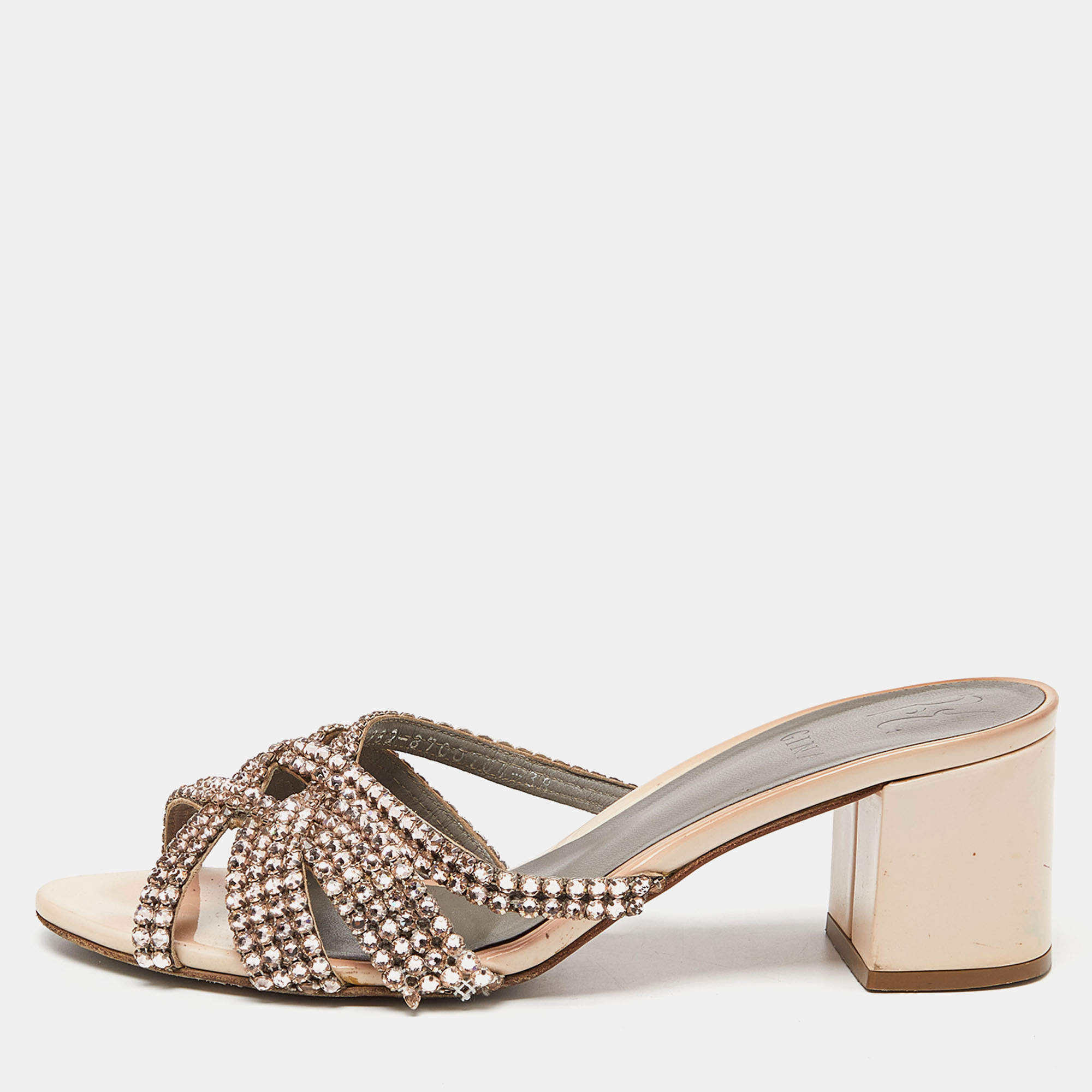 Pre Owned Gina Pink Crystal Embellished Leather Dexie Slide Sandals Size 38