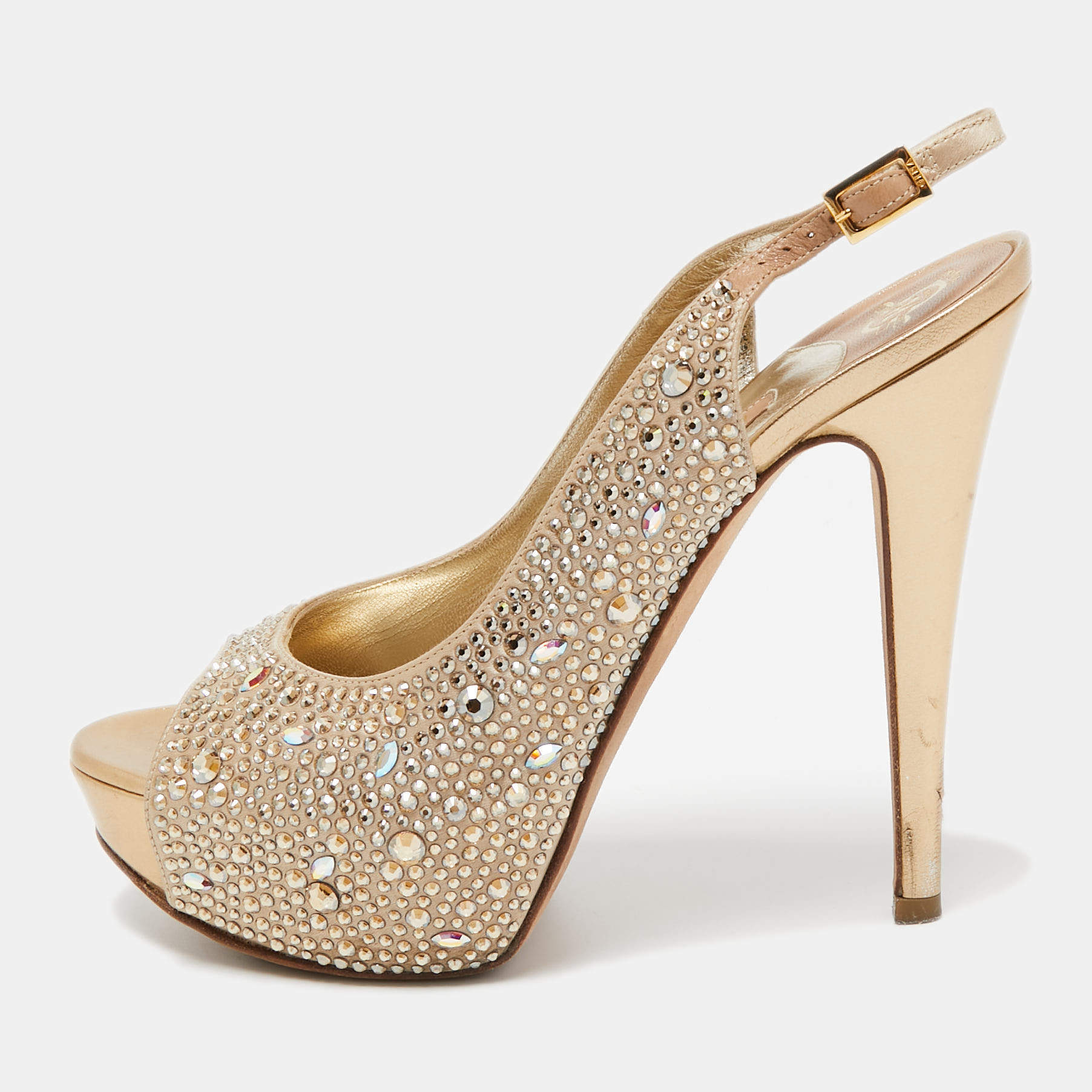 Pre Owned Gina Gold Satin Crystal Embellished Peep Toe Platform Pumps Size 38