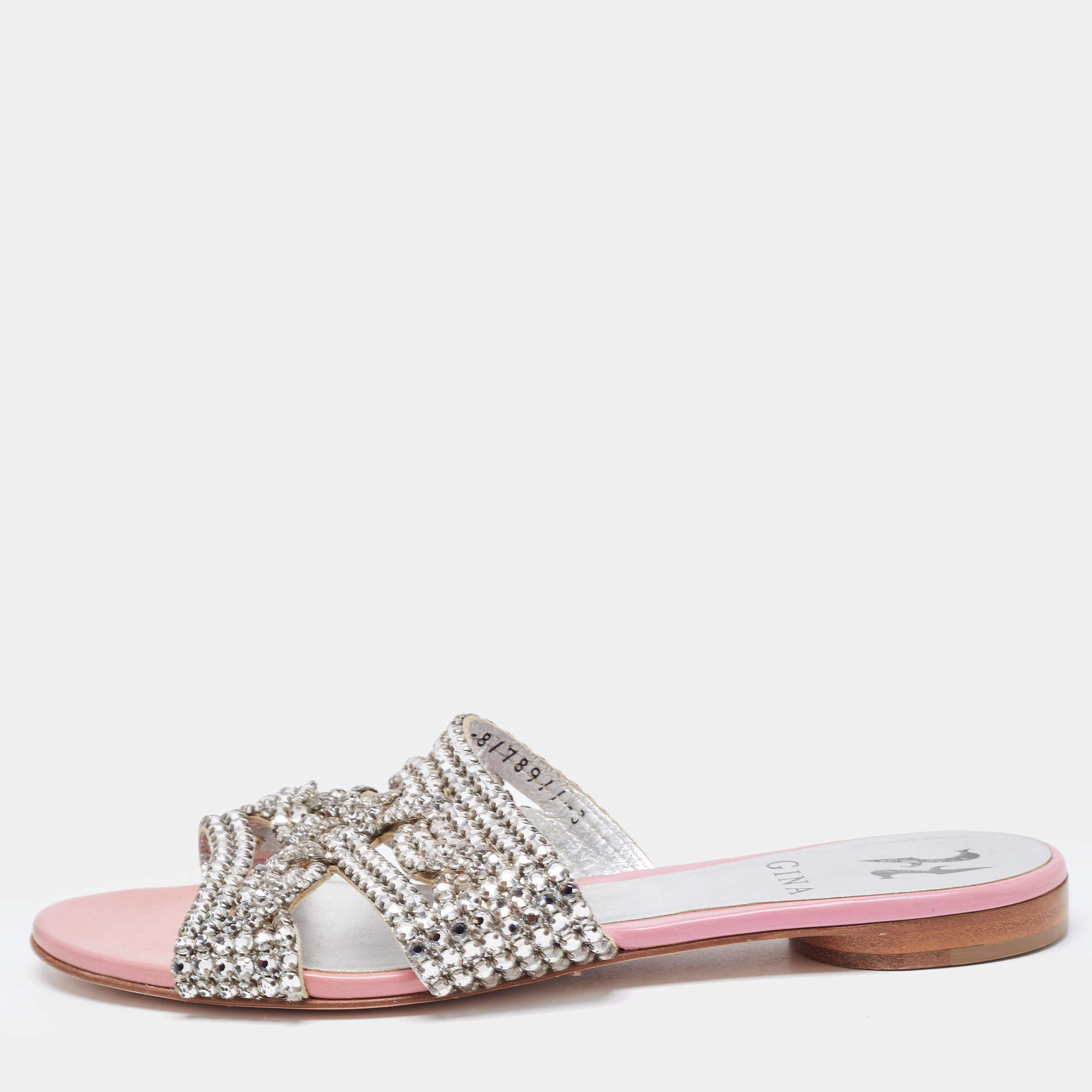 Gina Silver/Pink Crystal Embellished Leather Flat Slides Size 36