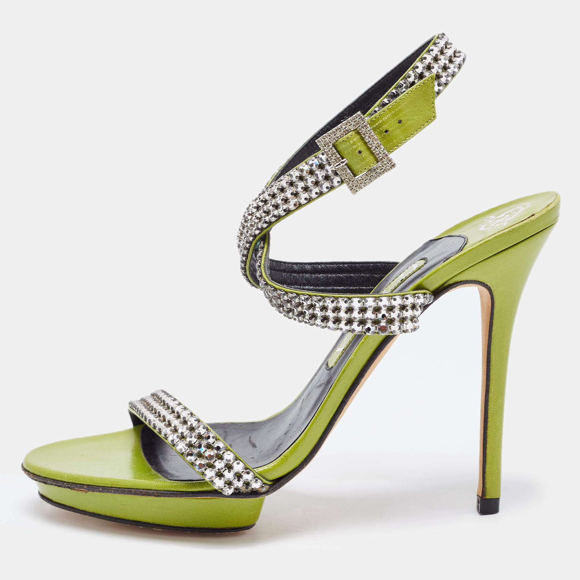 Gina Green Crystal Embellished Leather Cross Ankle Strap Sandals Size 39