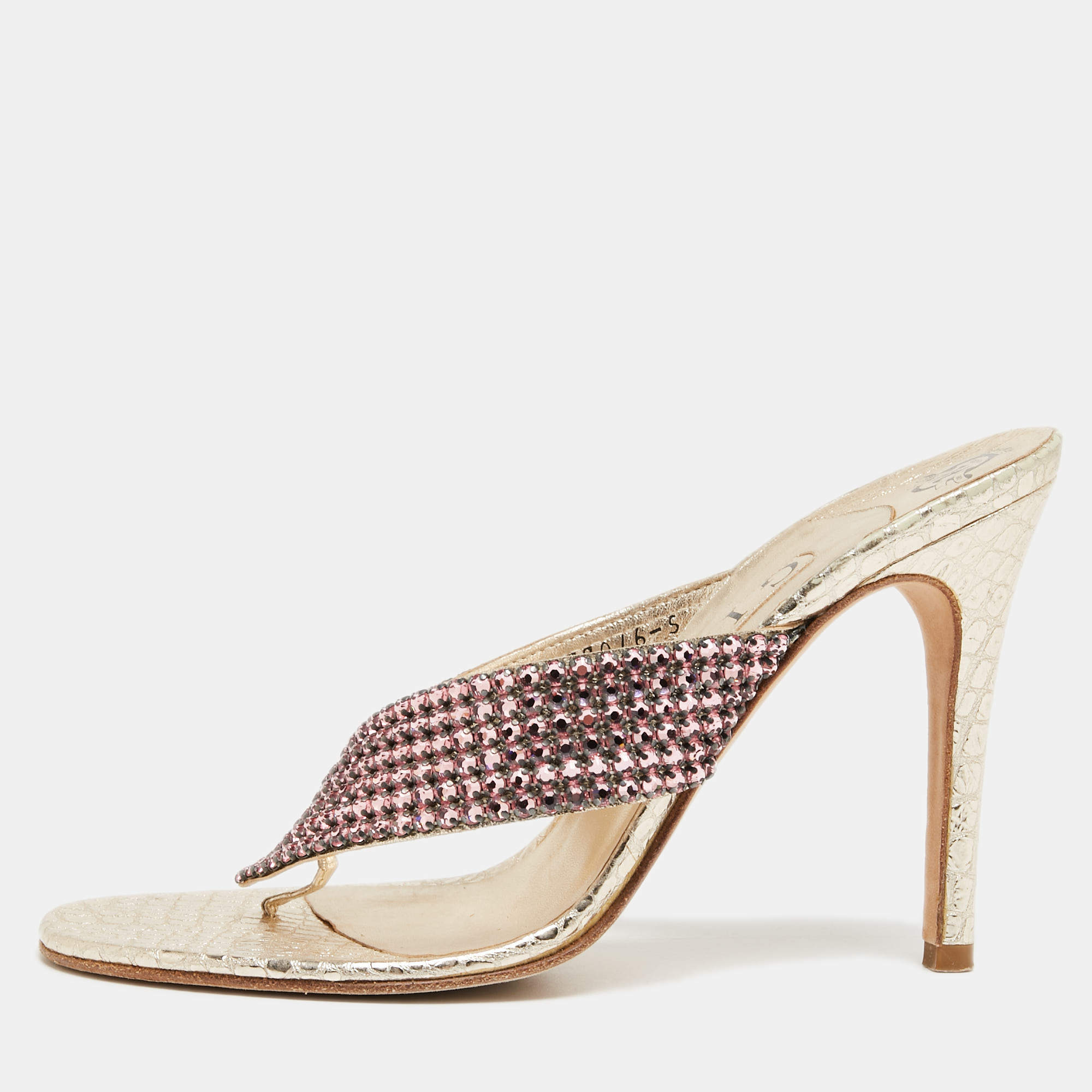 Pre Owned Gina Gold Leather Crystal Embellished Thong Sandals Size 38