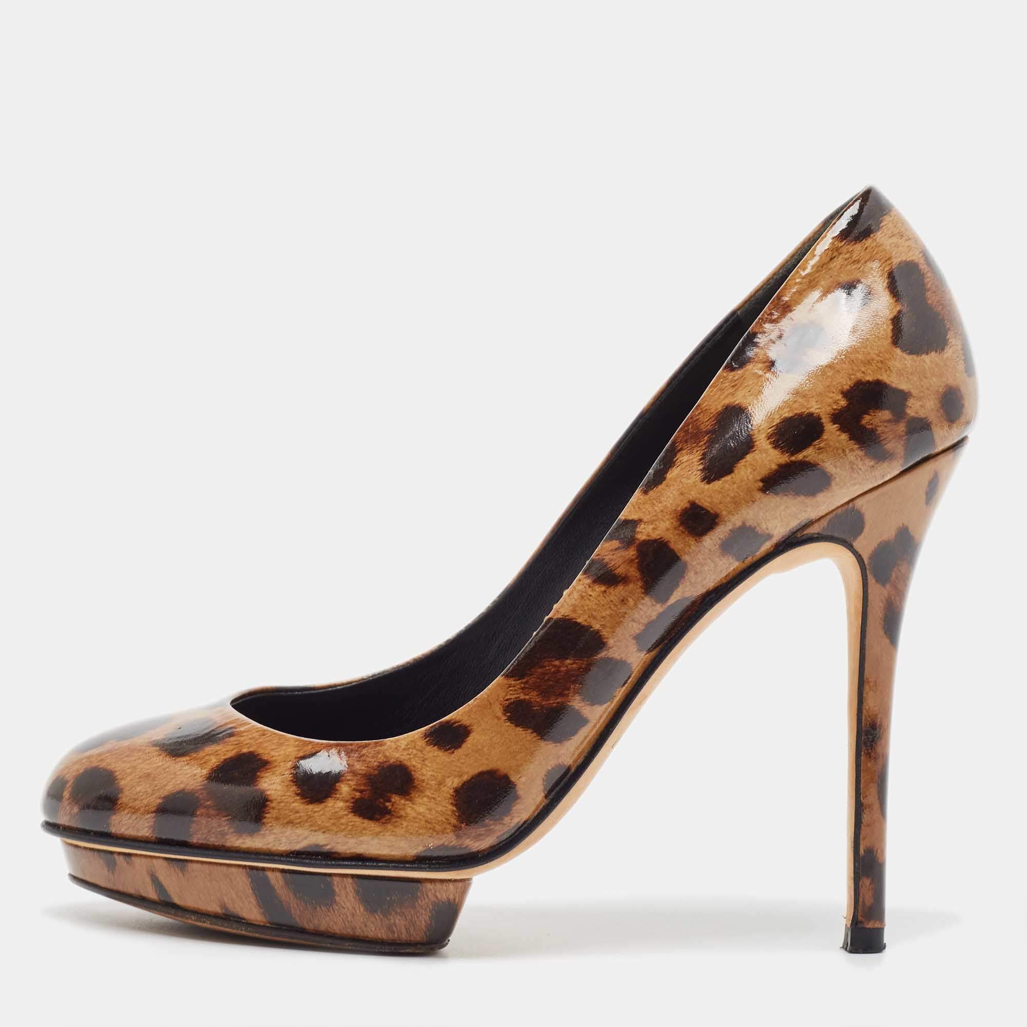 Pre Owned Gina Brown/Beige Leopard Print Patent Round Toe Pumps Size 38 