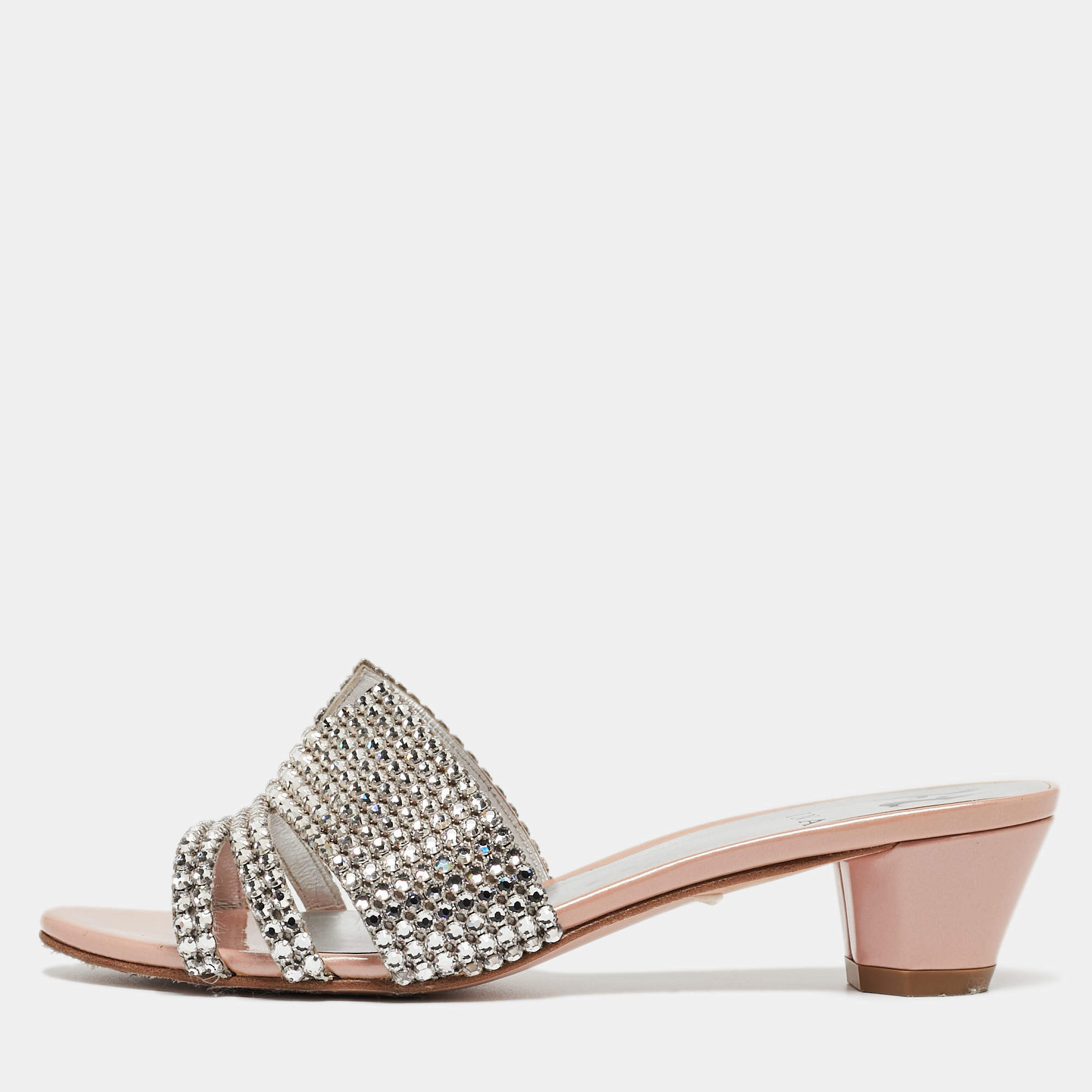 Pre Owned Gina Silver/Pink Crystal Embellished Leather Slides Sandals Size 37.5