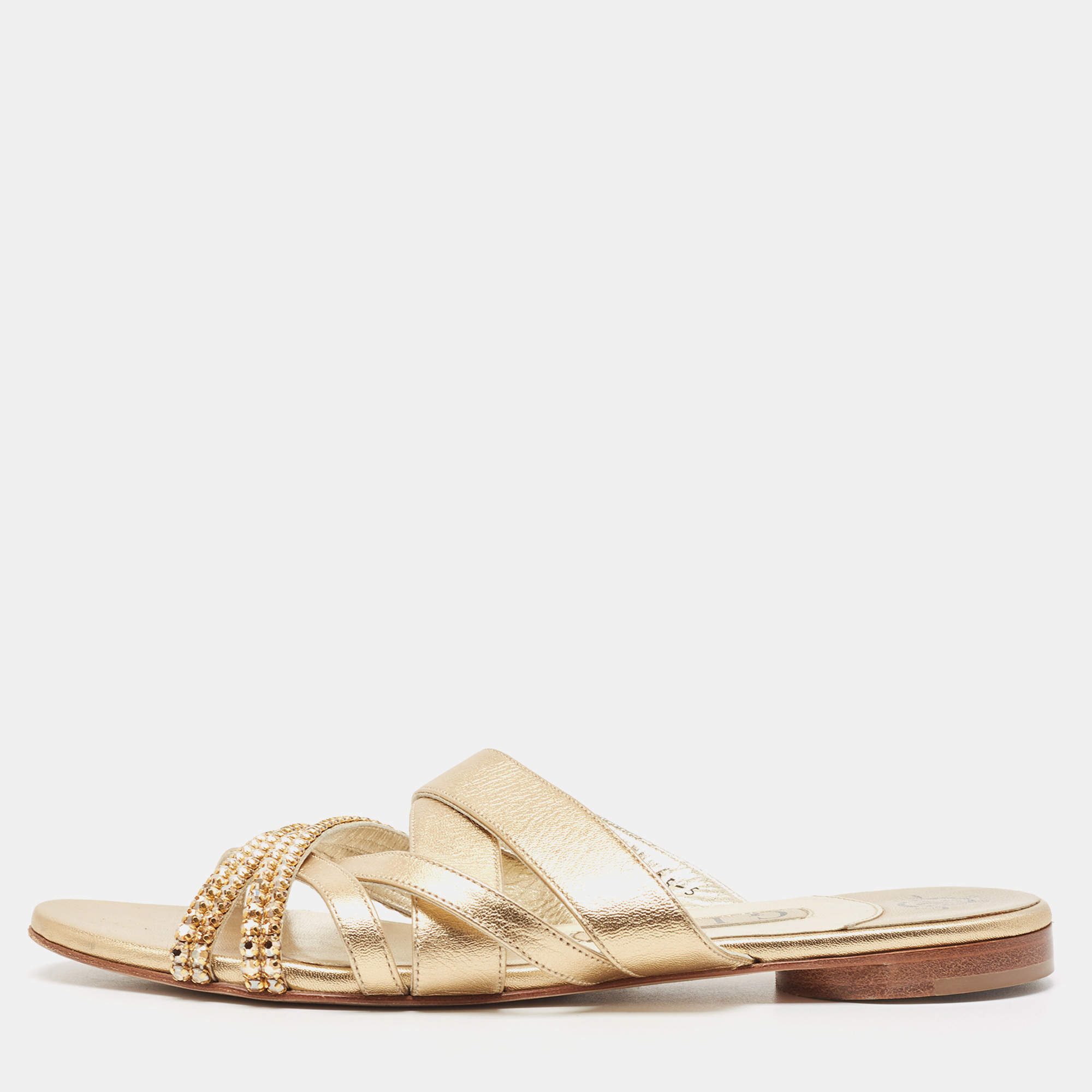 Pre Owned Gina Golden Leather Crystal Embellished Slide Sandals Size 38