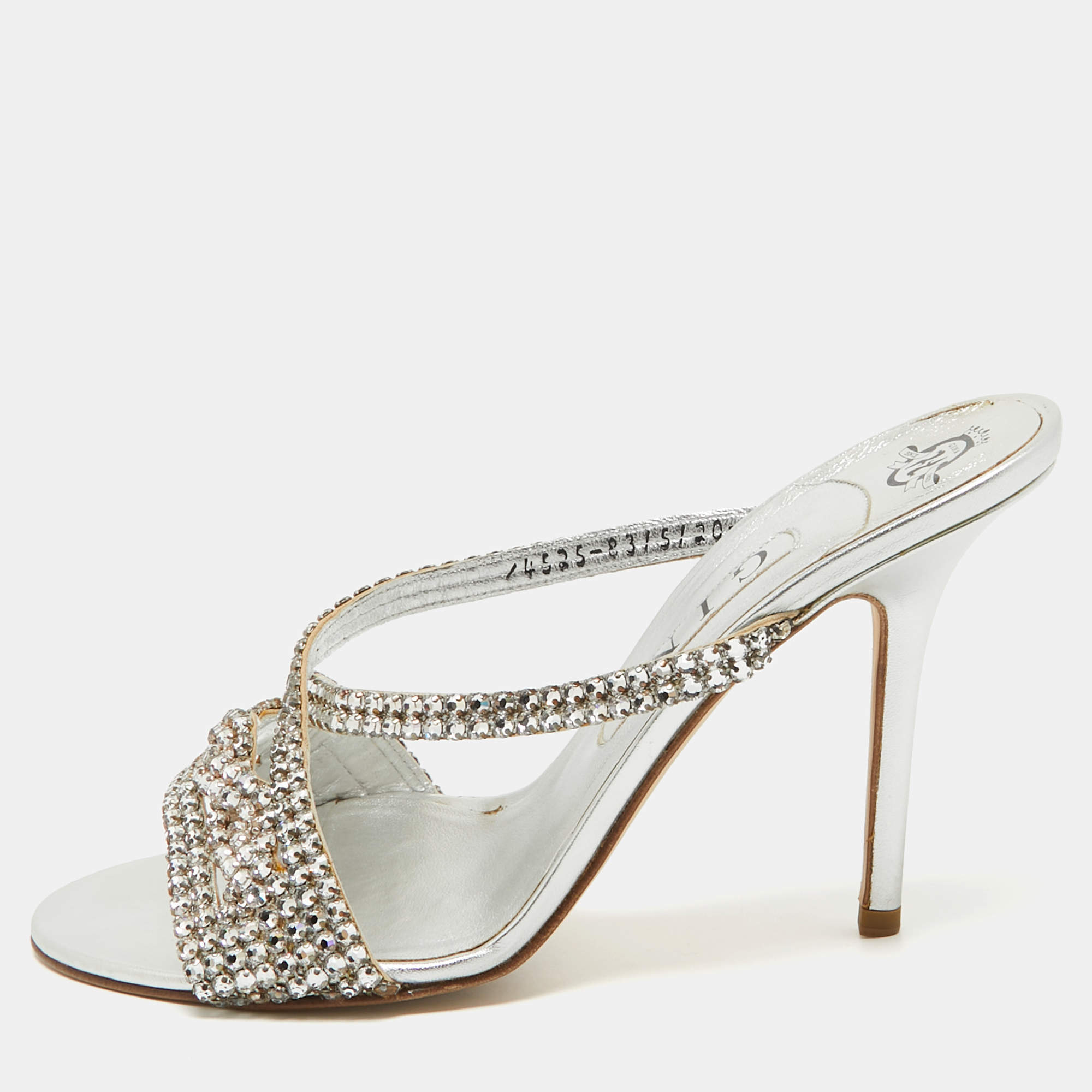 Pre Owned Gina Silver Leather Crystal Embellished Slide Sandals Size 40