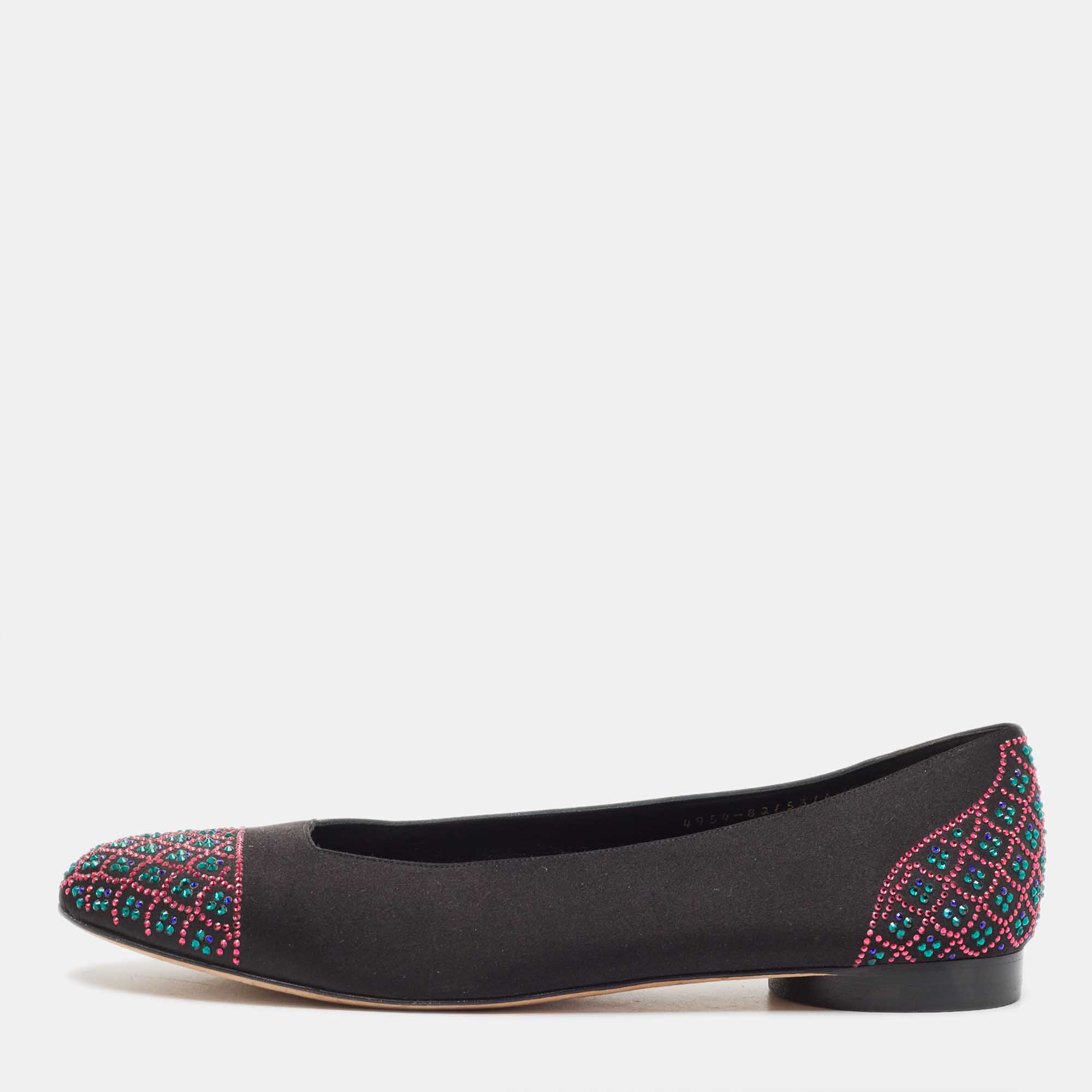 Gina Black Satin Crystal Embellished Ballet Flats Size 42
