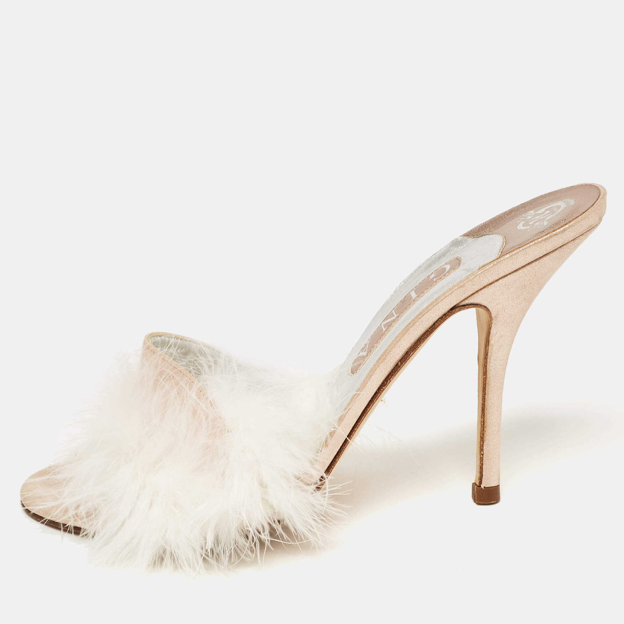 Pre Owned Gina White/Pink Fur and Leather  Slides Size 39.5